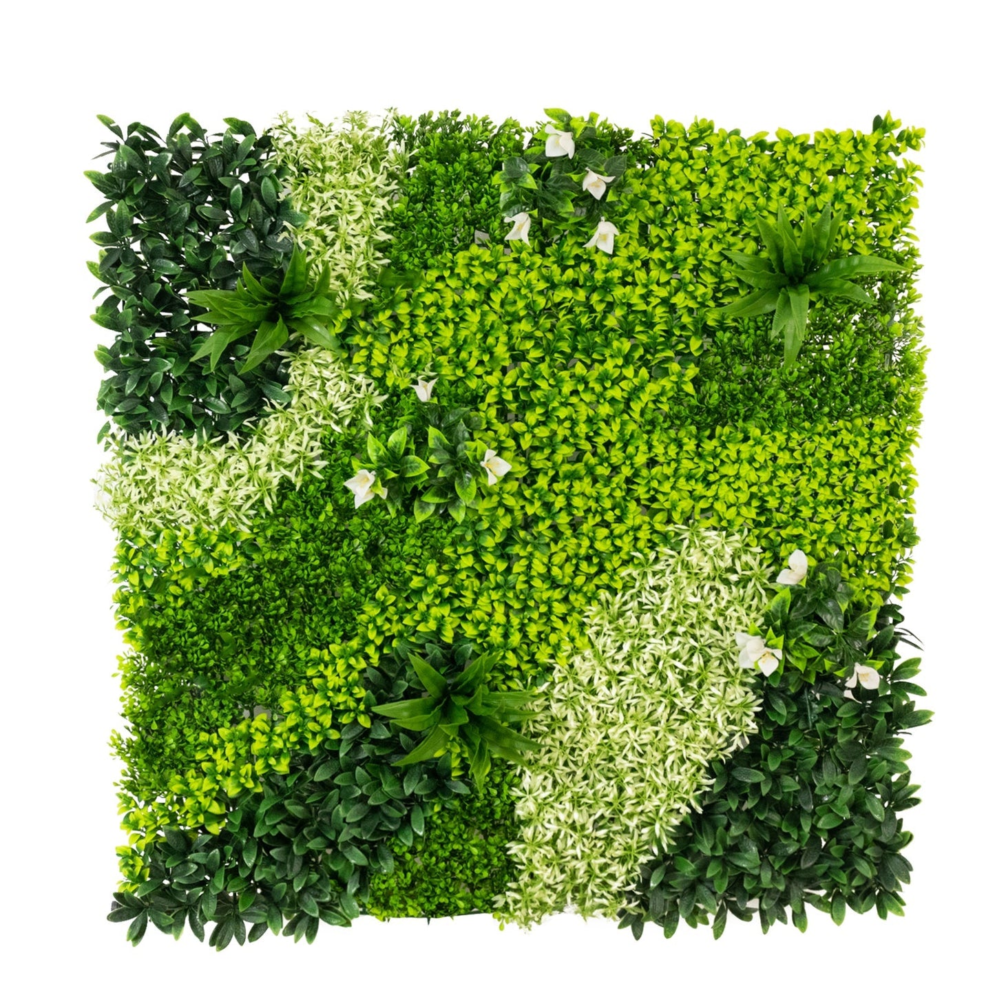 Artificial Boxwood Greenery Wall Panels, 40"Ã—40" Grass Panels with Variegated Leaves and White Flowers, UV-Protected Backdrop for Outdoor Decor â€“ 2 Panels, Covers 22 Sq. Ft.
