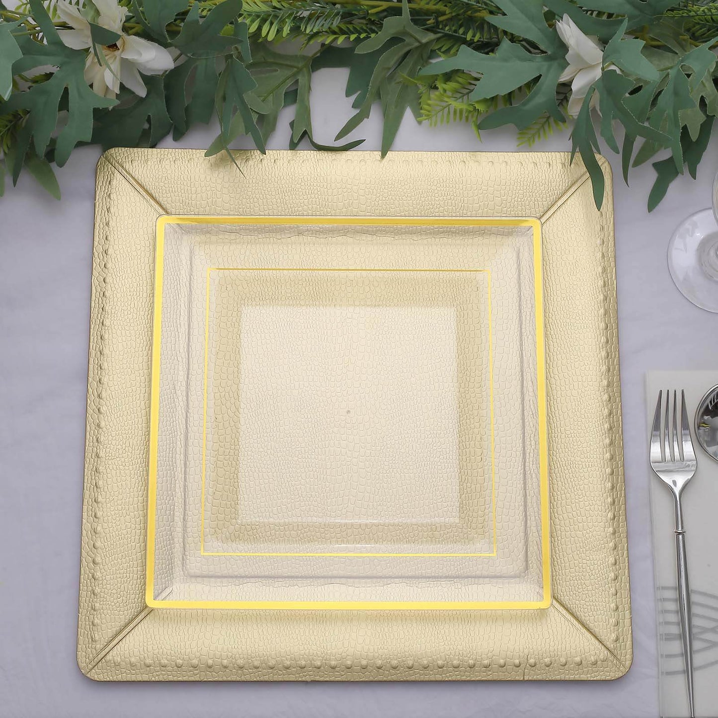 10-Pack Disposable Square Charger Plates in Champagne with Leather Like Texture - 1100GSM Durable Paper Chargers 13"