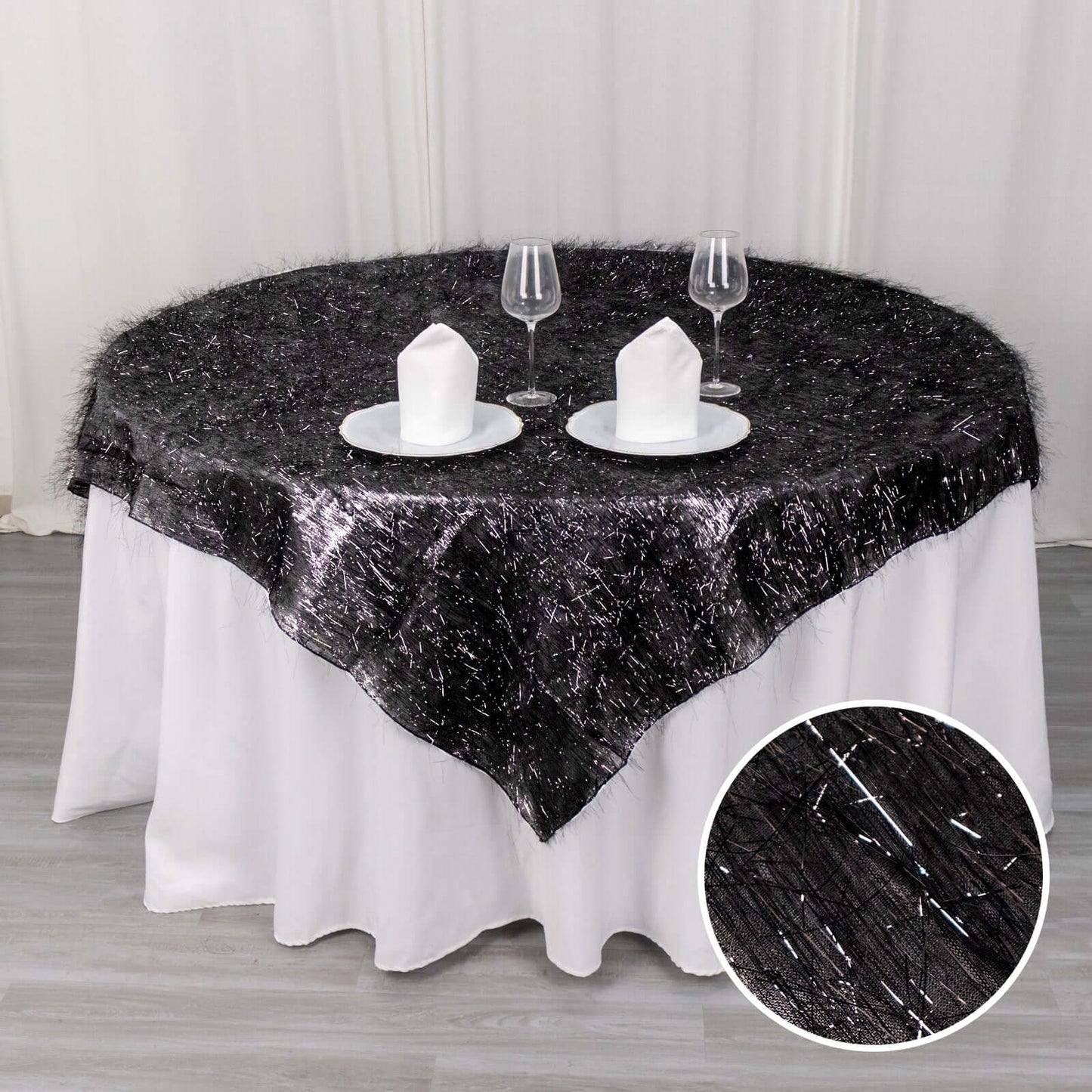 Polyester 72"x72" Table Overlay Square Tablecloth Black - Metallic Fringe Shag Tinsel Table Cover