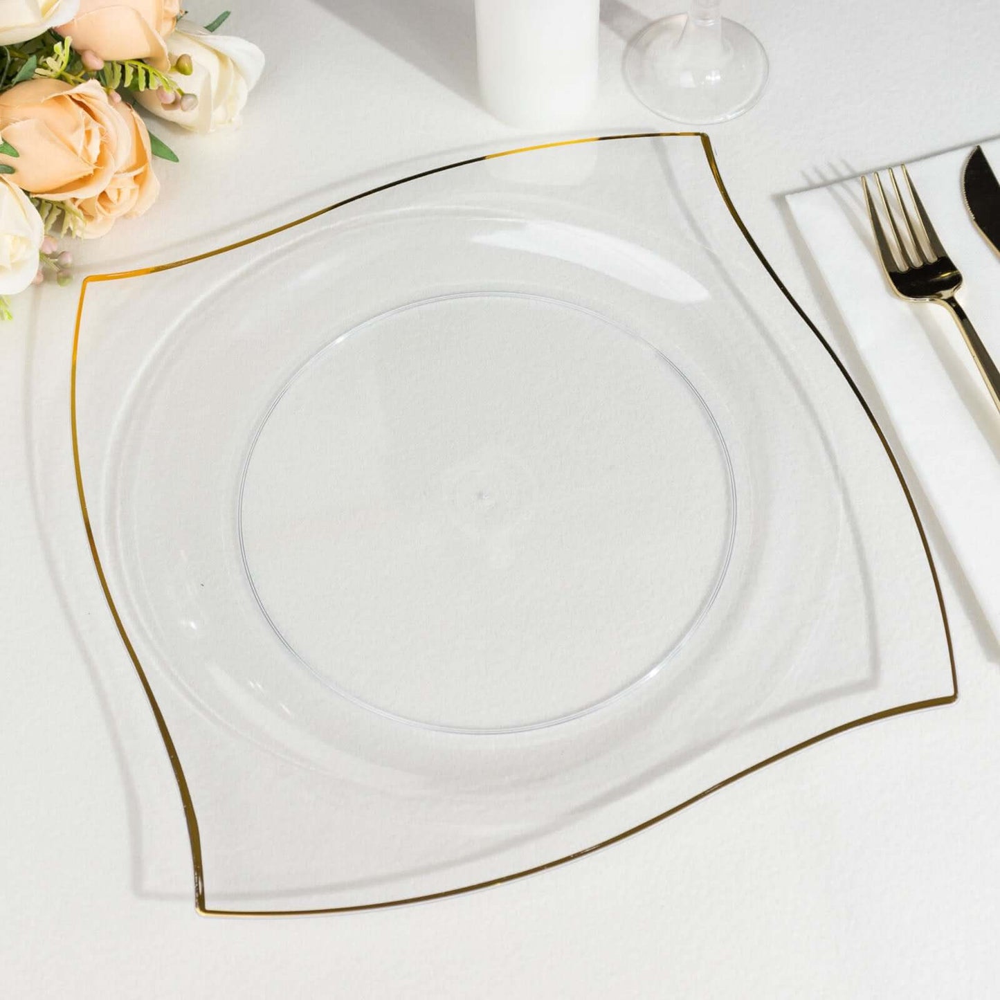 10-Pack Plastic 10" Square Dinner Plates in Clear with Gold Wavy Rim Modern - Disposable Party Plates