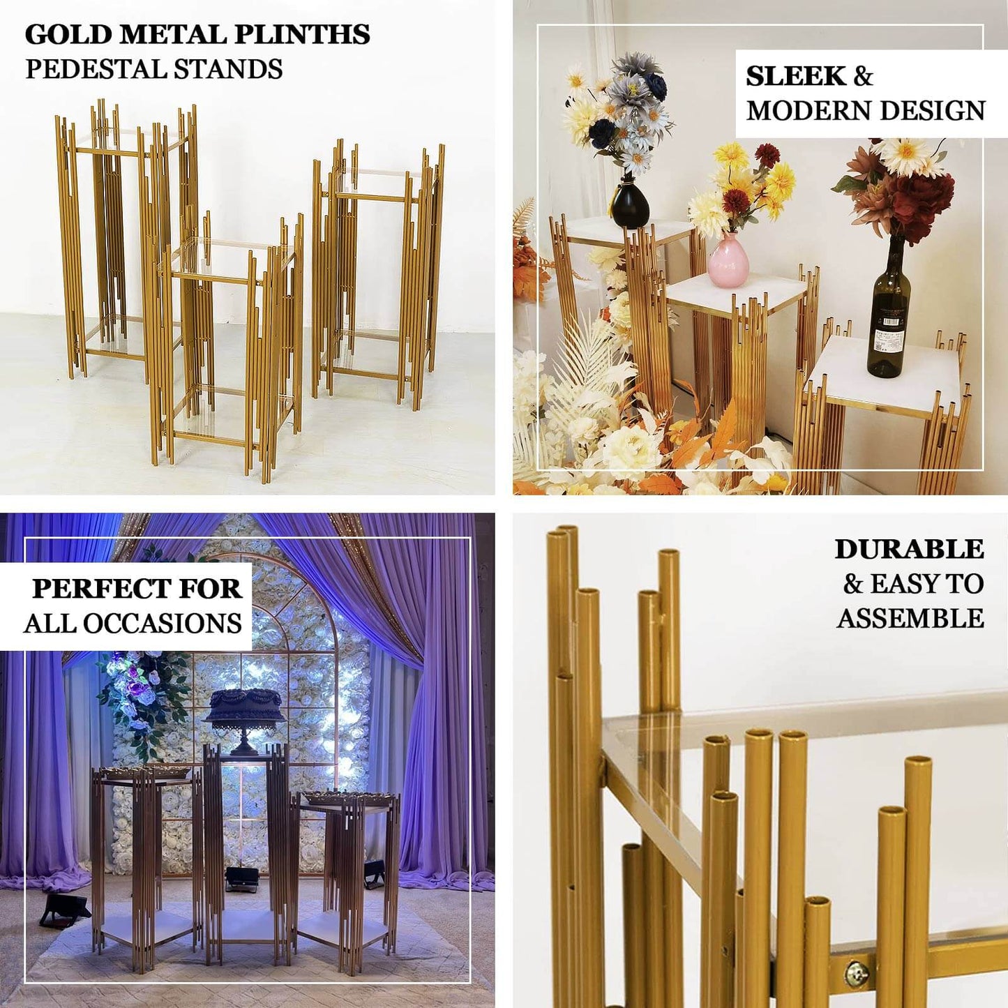 Set of 3 Wedding Pedestal Stands Square Acrylic Plate Design Gold - Metal Flower Display Plinths 26",30",34"