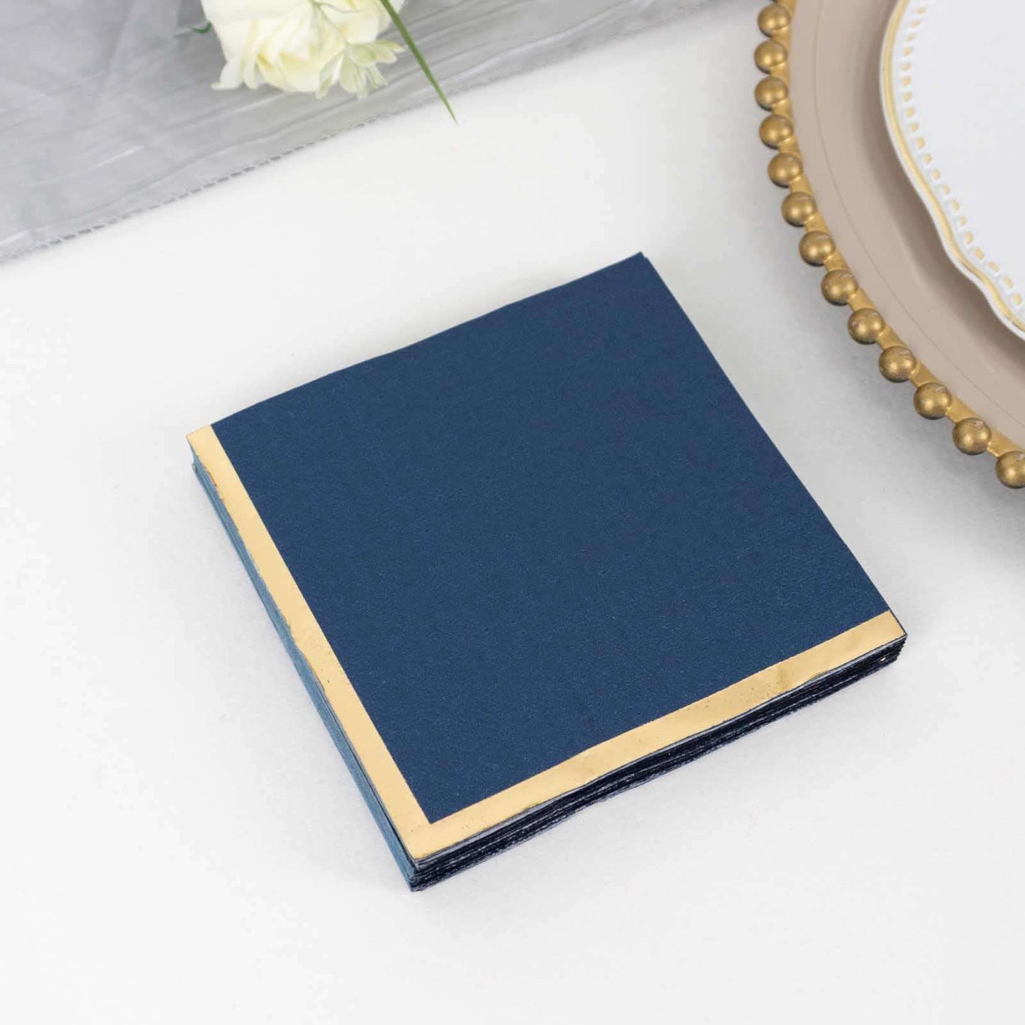 50-Pack Paper Beverage Napkins Navy Blue with Gold Foil Edge - 2 Ply Disposable Soft 18GSM Cocktail Napkins 5"x5"