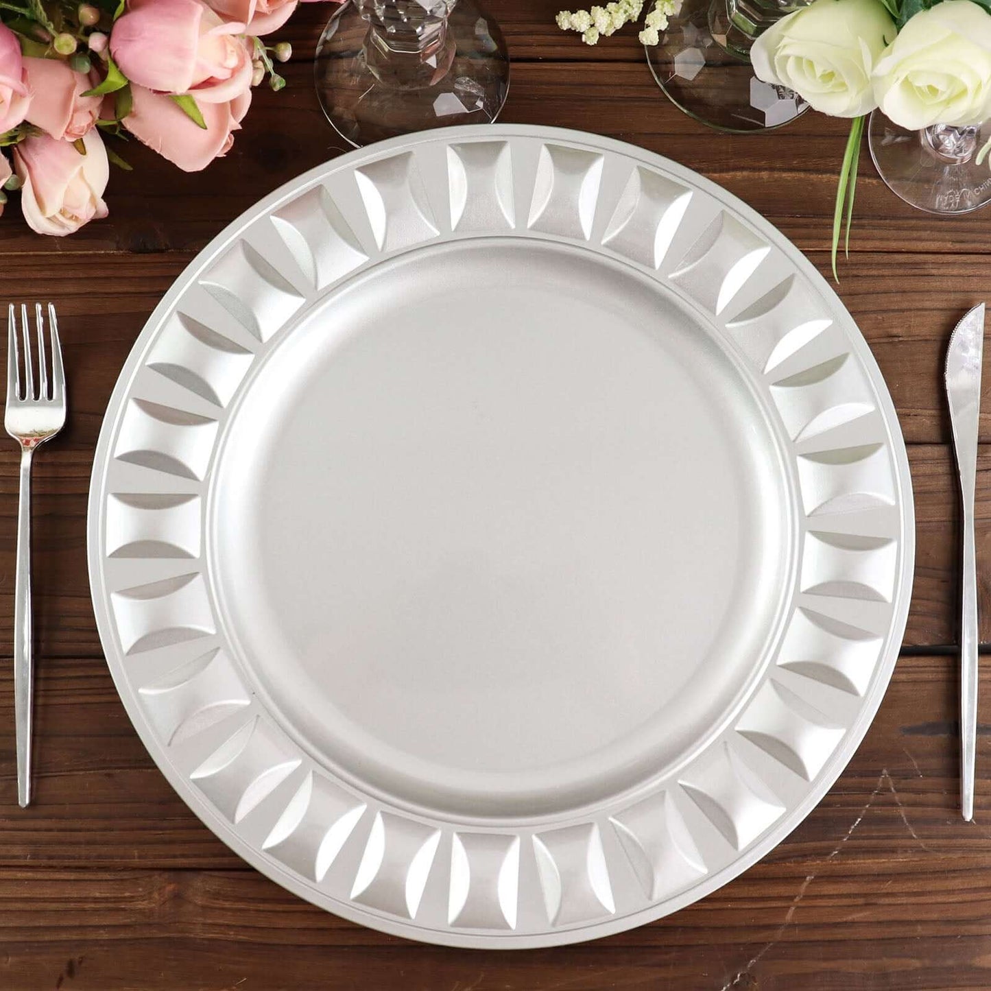 6-Pack Plastic Round Charger Plates 13" in Silver with Bejeweled Rim, Luxe Decorative Dinner Party Charger Tableware