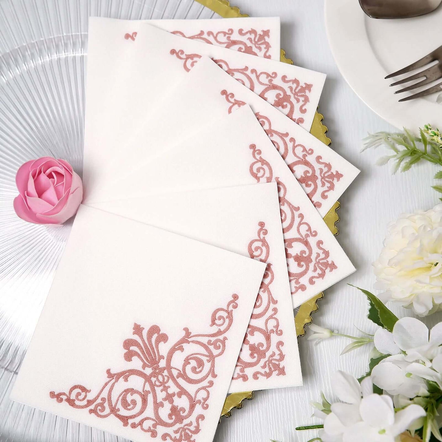 20 Pack Linen-Like Paper 5"x5" Napkins White - Rose Gold Fleur Vintage Airlaid Cocktail Napkins