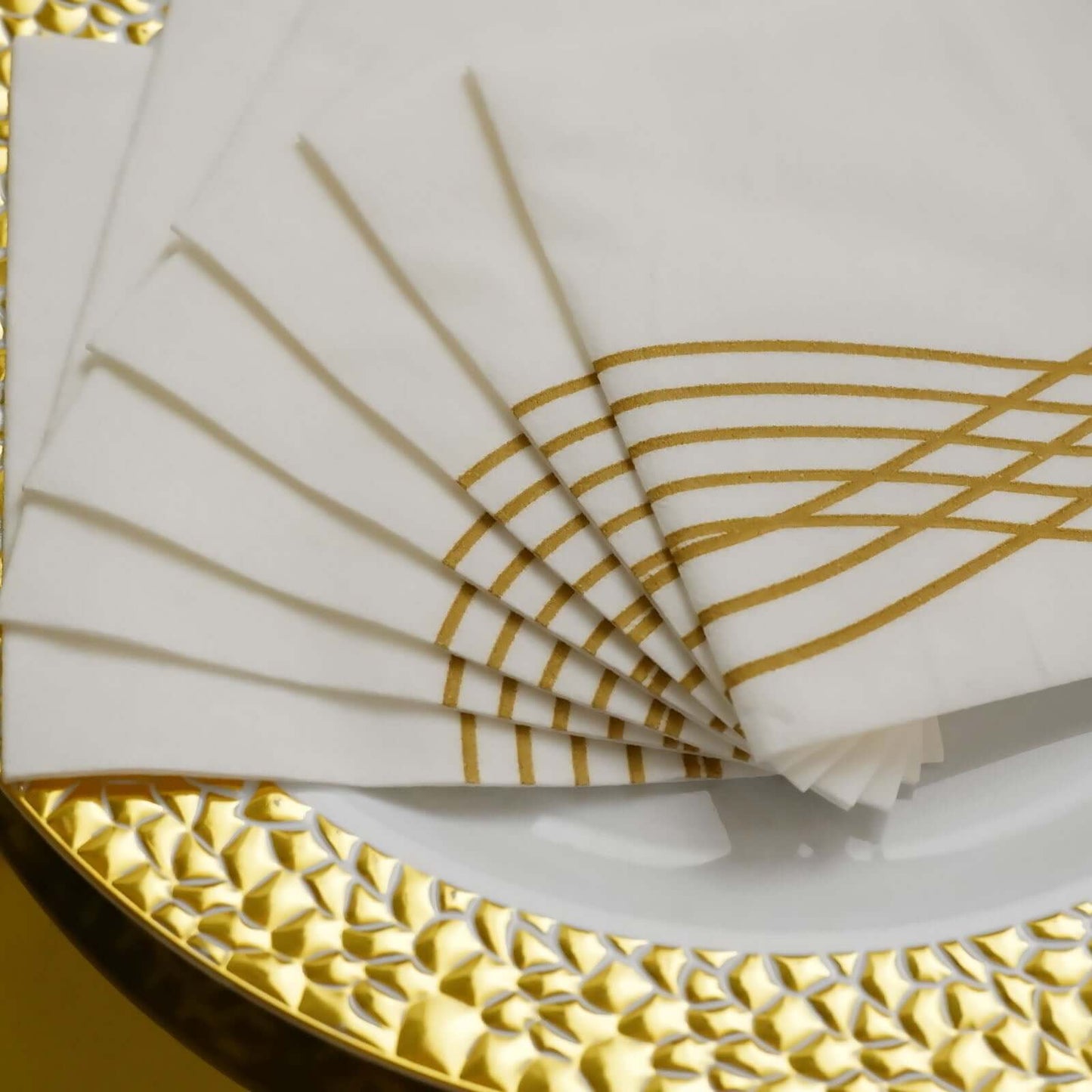 20 Pack Linen-Like Paper 5"x5" Napkins White with Gold Foil Wave Design - Classy Disposable Airlaid Cocktail Napkins