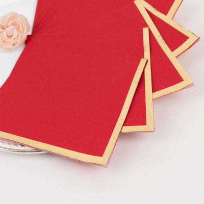 50-Pack Paper Beverage Napkins Red with Gold Foil Edge - 2 Ply Disposable Soft 18GSM Cocktail Napkins 5"x5"