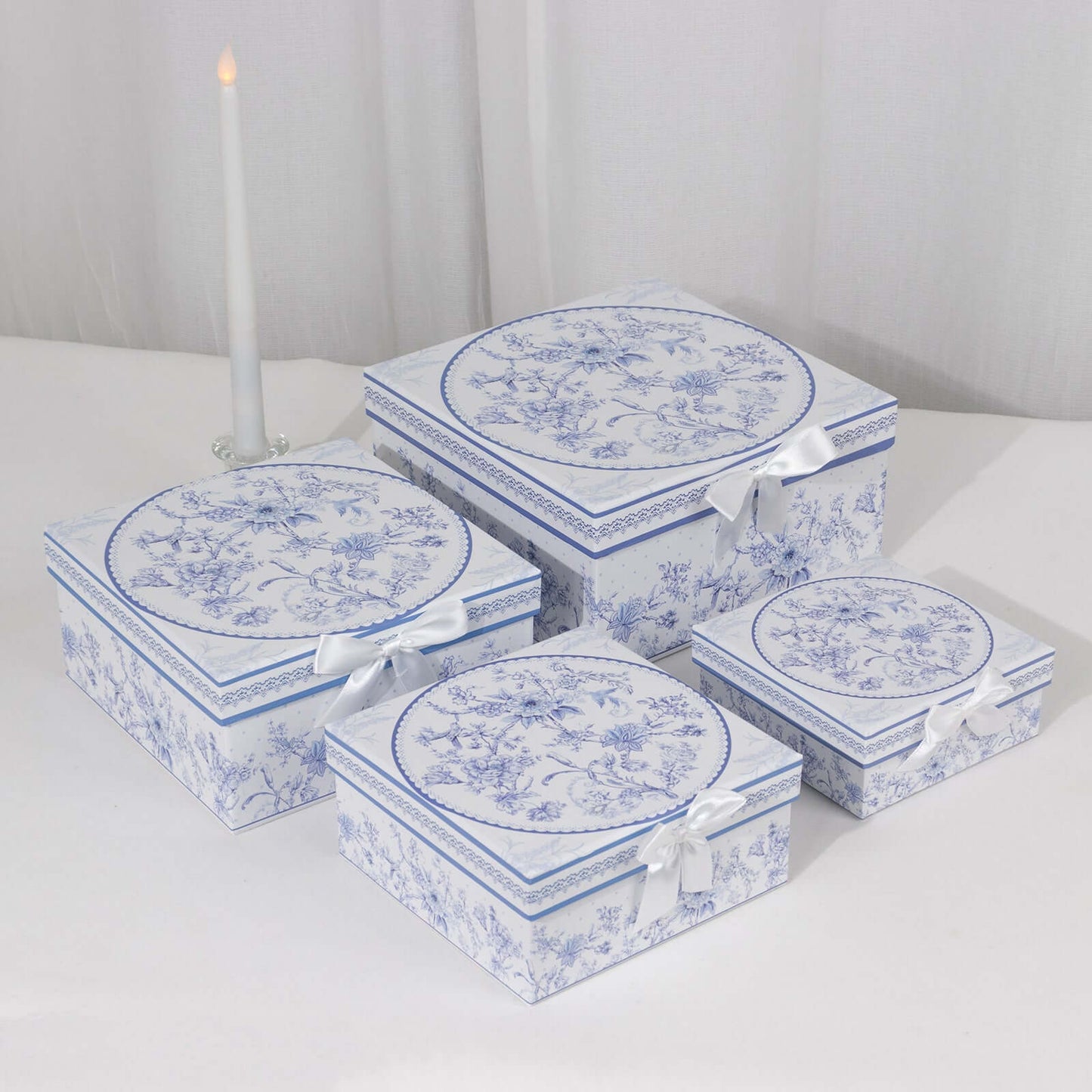 Set of 4 Cardstock Square Nesting Gift Boxes White Blue French Toile Design - Decorative Heavy Duty Stackable Keepsake Boxes With Lids for Presents Storage & Pedestal Stand 6",7",8",9"
