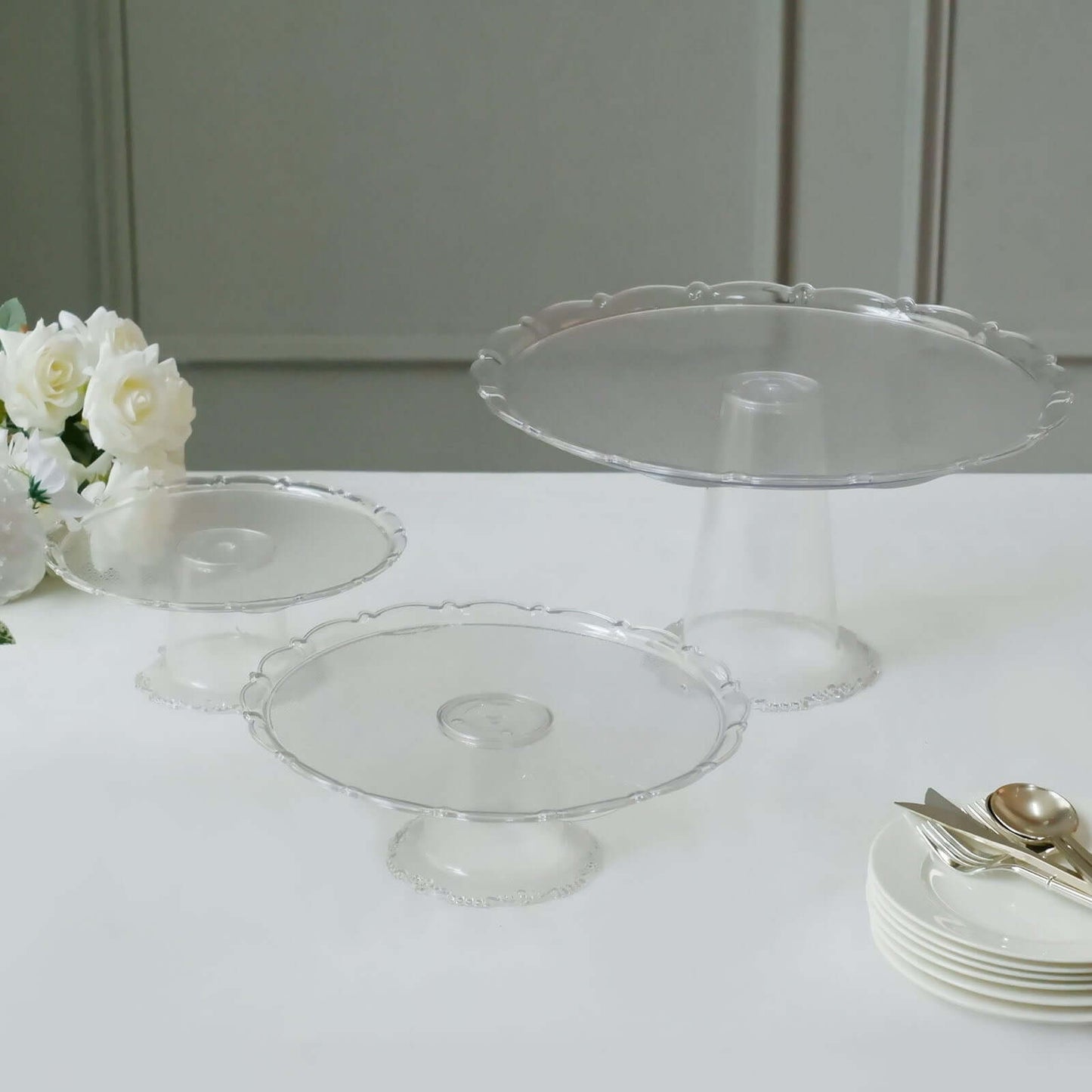 Set of 3 Plastic Round Pedestal Cake Stands Clear for Tea Parties Dessert Buffets & Banquets 9", 11", 15"