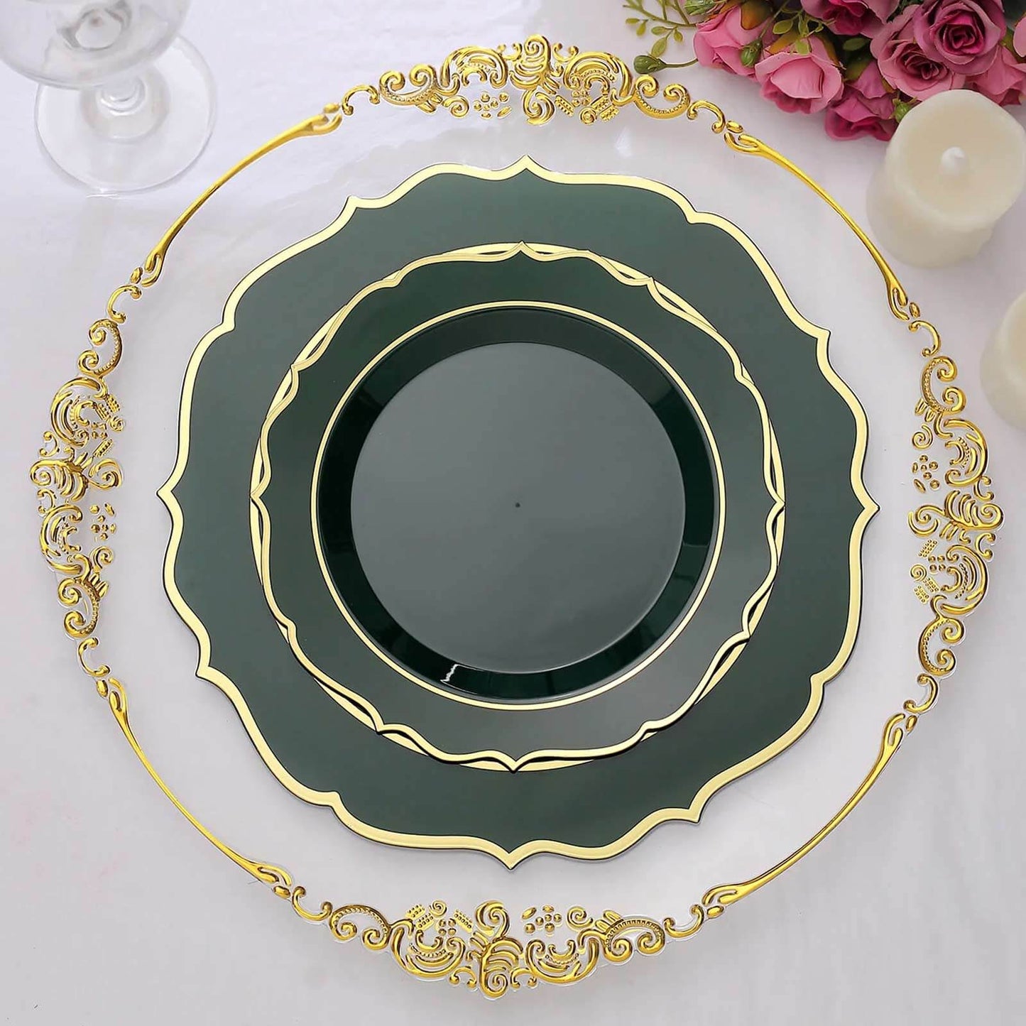 10-Pack Plastic 8" Round Dessert Plates in Hunter Emerald Green with Gold Scalloped Rim - Disposable Appetizer/Salad Plates