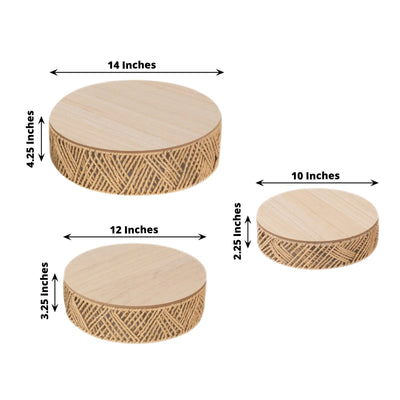 Set of 3 Pedestal Cake Stands Jute Rattan with Wooden Top Plates Natural - Stackable Round Rustic Farmhouse Design 10", 12", 14"