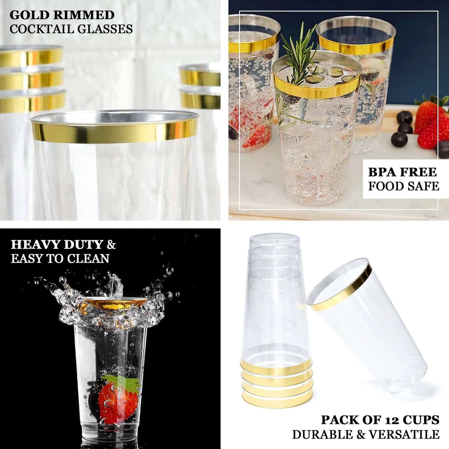 12-Pack Plastic Party Cups Clear with Gold Rim - Durable Disposable Tumblers for Drinks 17oz 5.5"