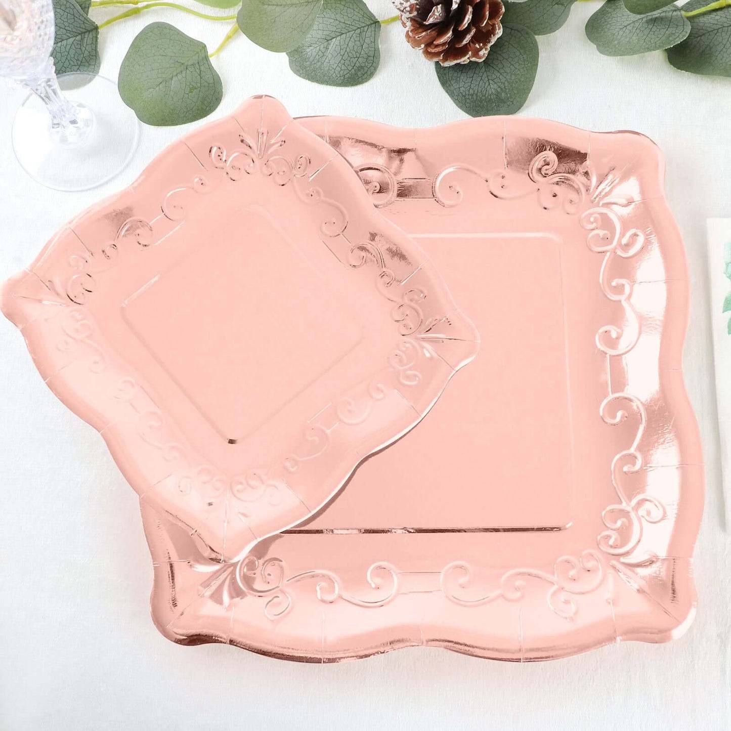 25-Pack Paper 7" Square Dessert Plates in Rose Gold with Vintage Pottery Embossed Design - Shiny Metallic Disposable Appetizer Plates