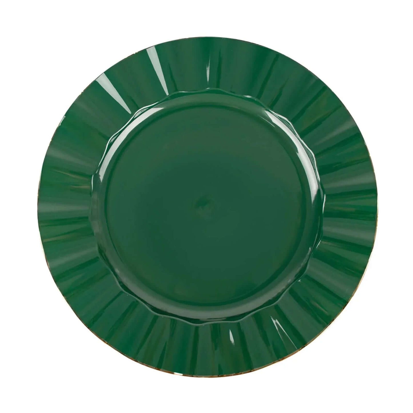 10-Pack Plastic 11" Round Dinner Plates in Hunter Emerald Green Ruffled Rim with Gold Edging - Sturdy Disposable Dinnerware