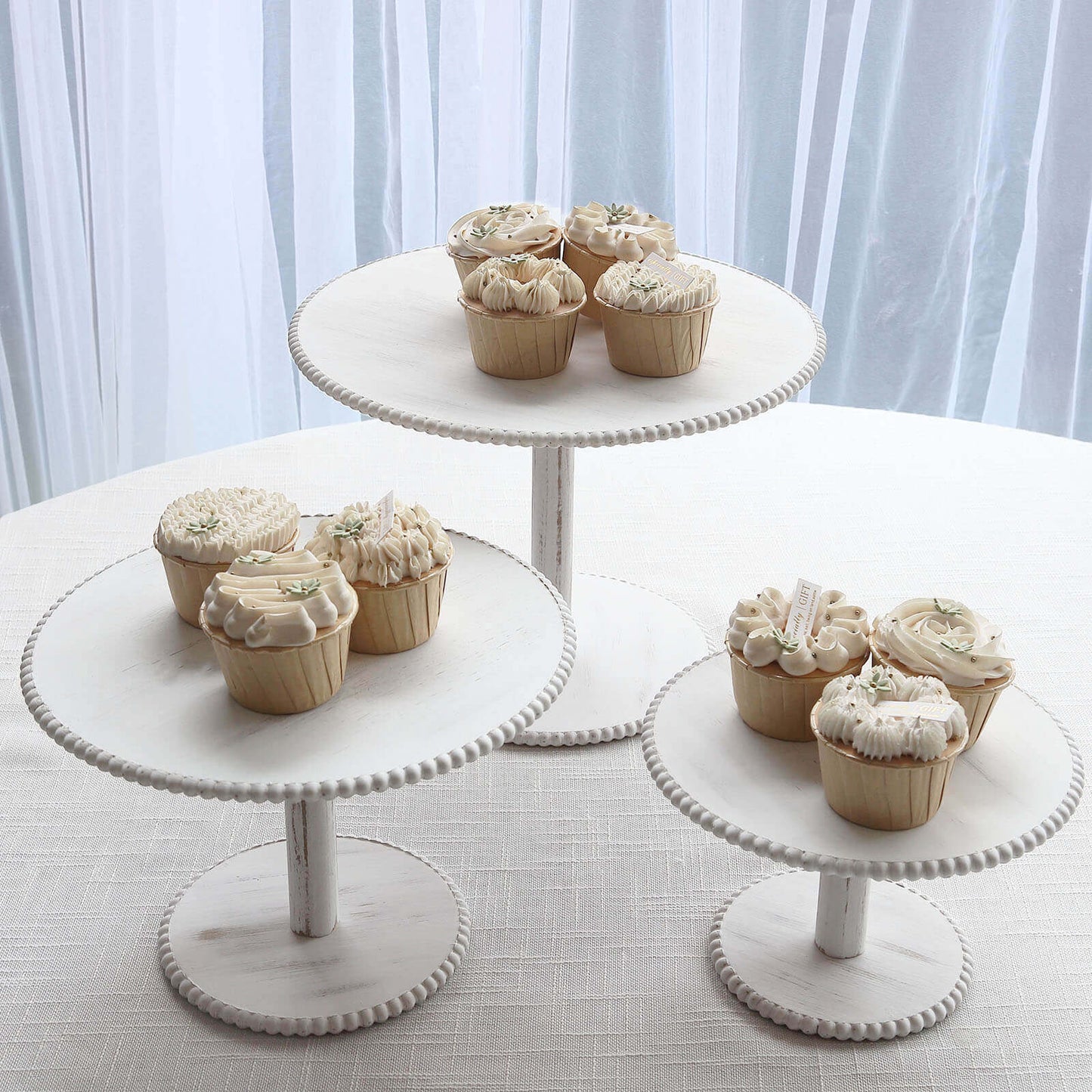 Set of 3 Wooden Pedestal Cake Stands Whitewash with Round Beaded Rim Trays - Stackable Rustic Cupcake Display 8", 10", 12"