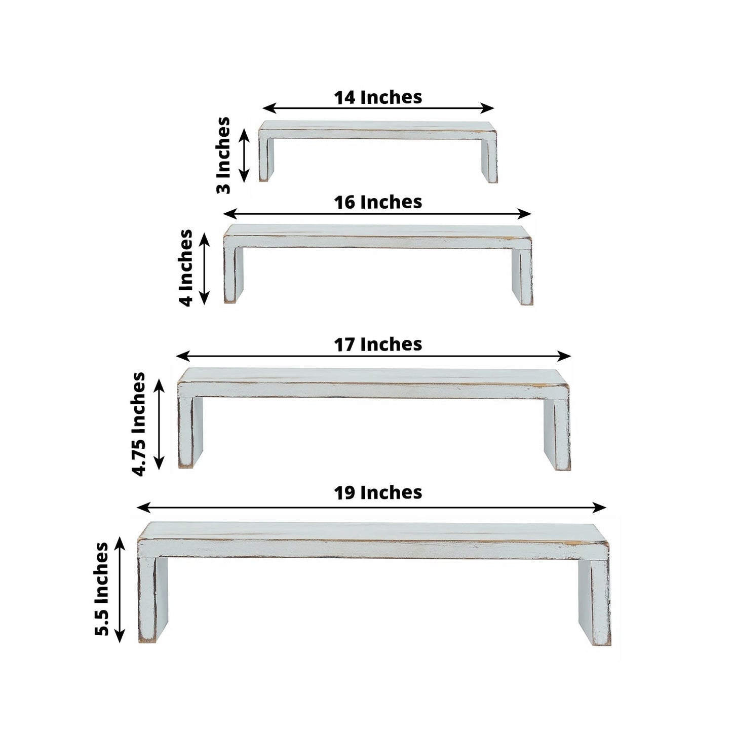 Set of 4 Wooden Display Risers Whitewash Rectangular Bench Style - Stackable Rustic Farmhouse Nesting Stands 14", 16", 17", 19"