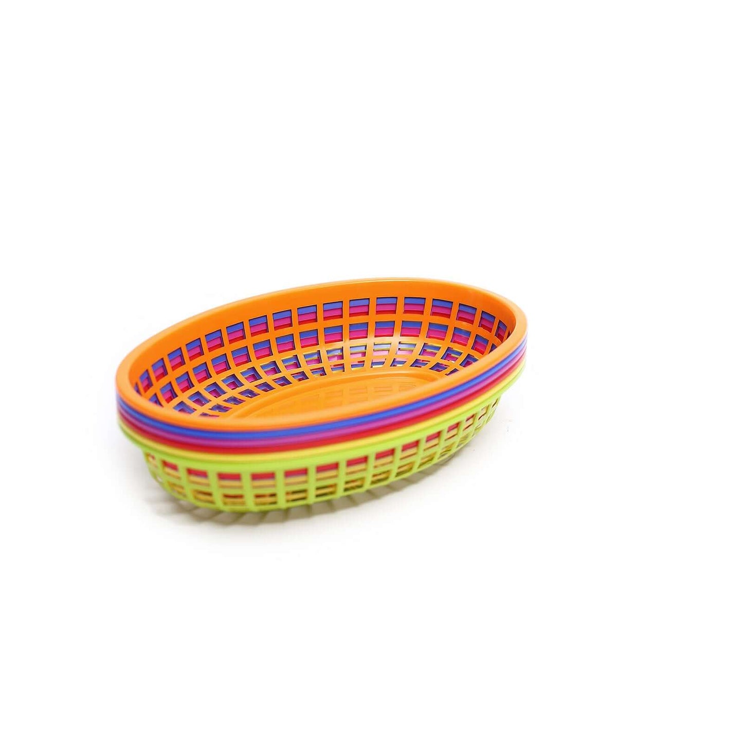 6-Pack Plastic Food Baskets with 50 Wax Paper Liners Assorted Colors - Durable Oval Deli Serving Trays