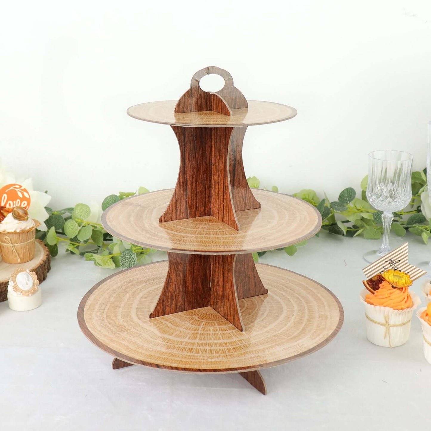 3-Tier Cardboard Cupcake Stand Natural Wood Plank Print - Reusable Dessert Table Display Tower for Classy Birthday Wedding Party Decoration 14"