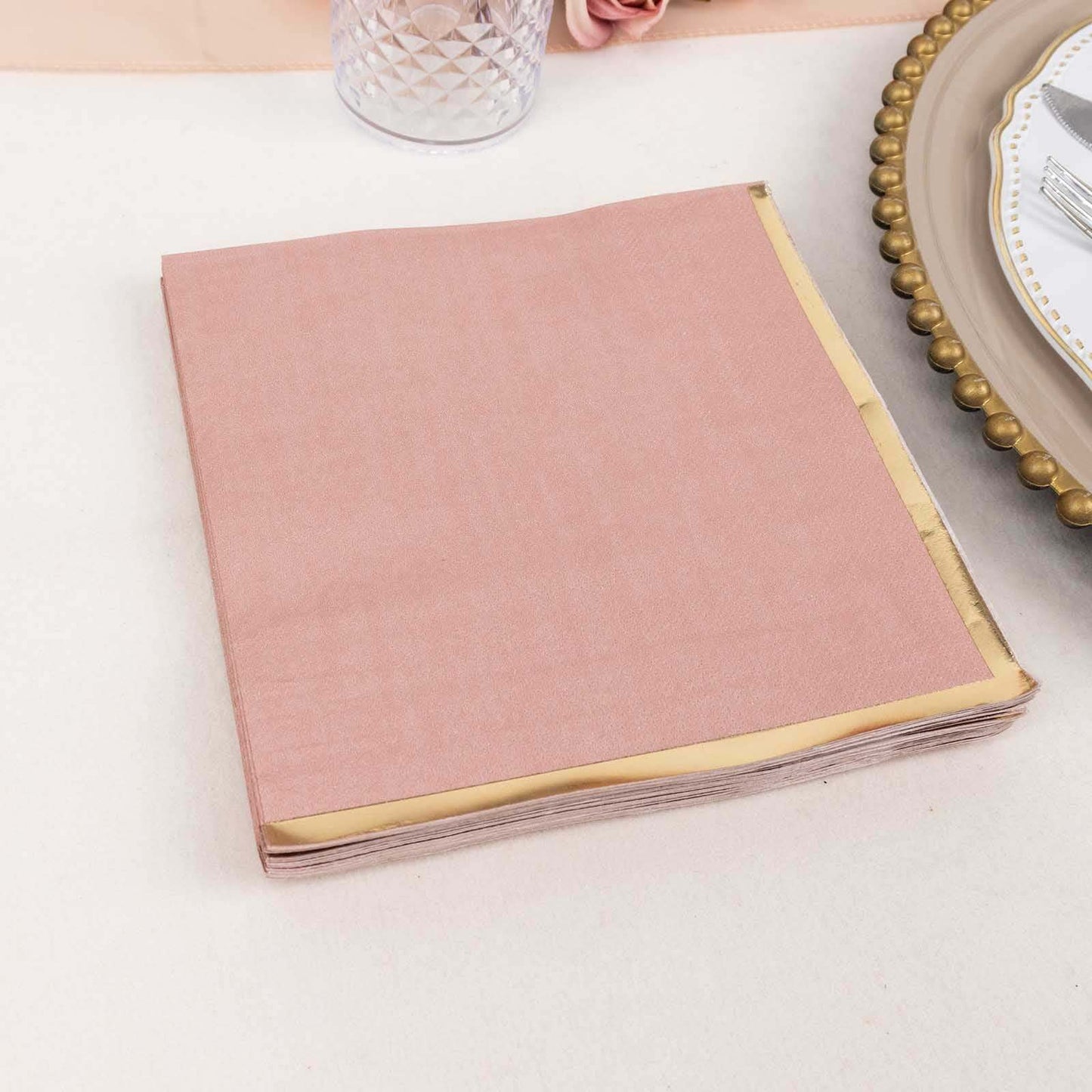 50-Pack Paper Beverage Napkins with Gold Foil Edge Dusty Rose - Disposable 2 Ply Cocktail Napkins for Events 6.5"x6.5"