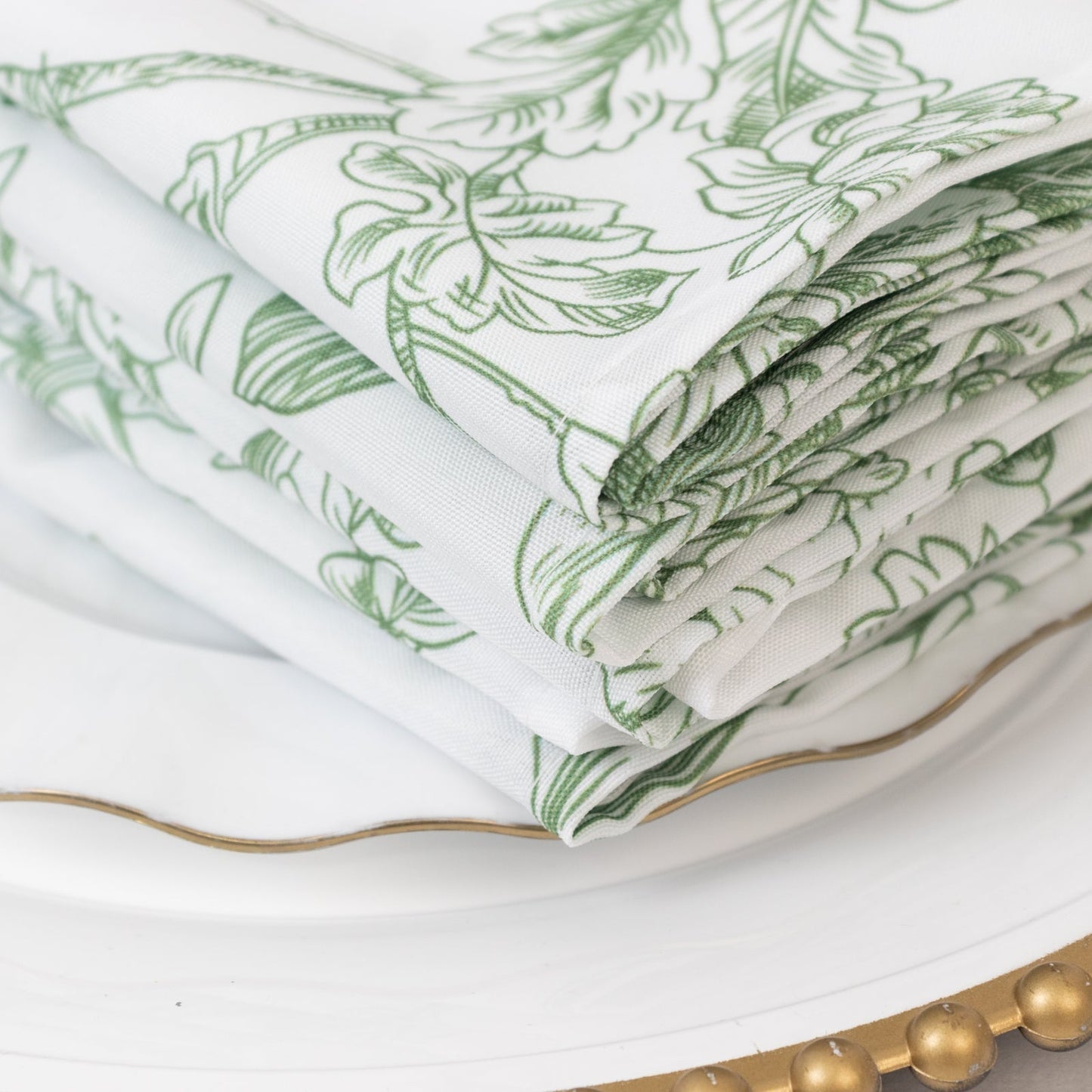 5-Pack French Toile Polyester Cloth Napkins â€“ 17"x17" Dusty Sage Green and White Reusable Table Napkins in Floral Design for Events & Dining
