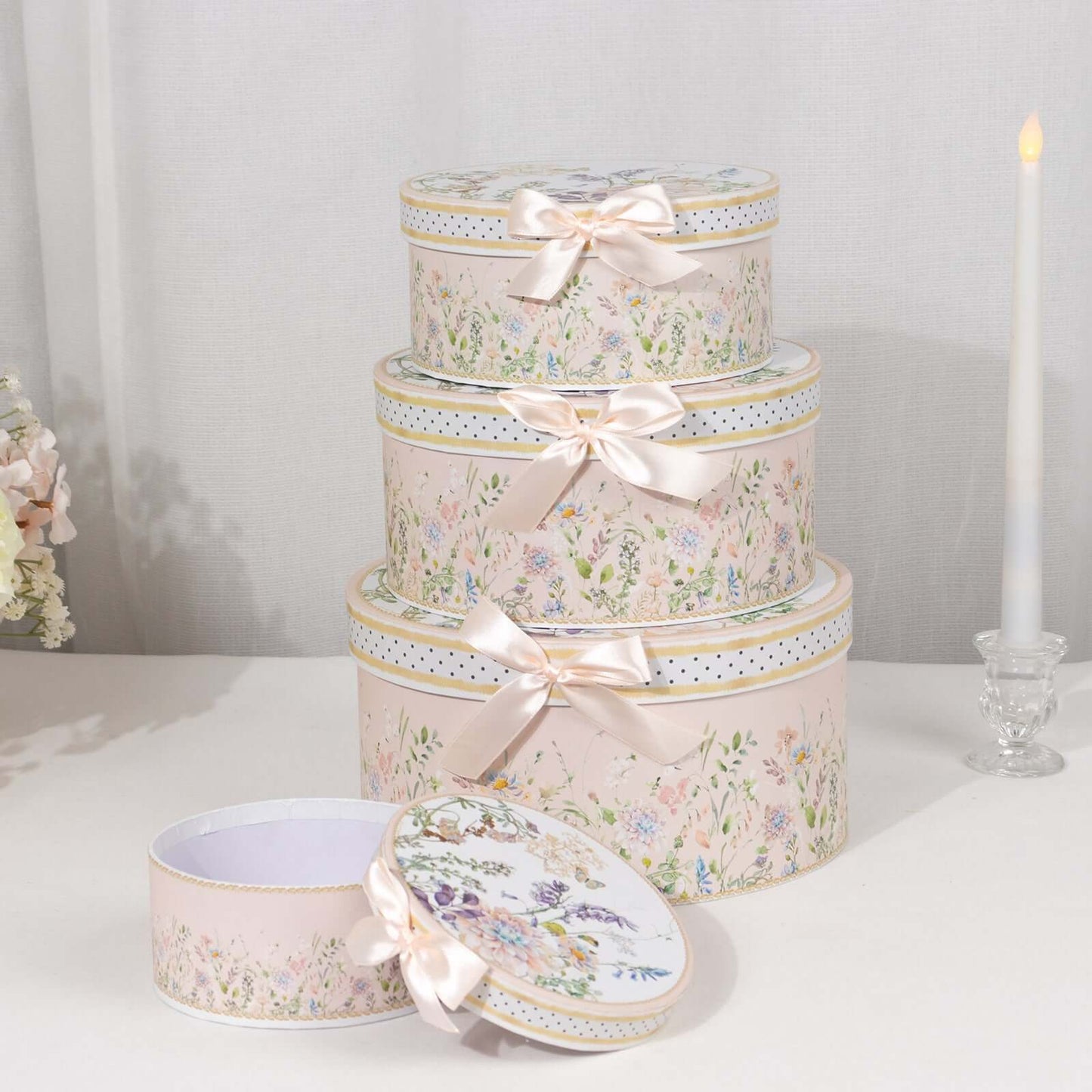 Set of 4 Cardstock Round Nesting Gift Boxes Blush Floral Design - Decorative Heavy Duty Stackable Keepsake Boxes With Lids for Presents Storage & Pedestal Stand 5",7",8",9"