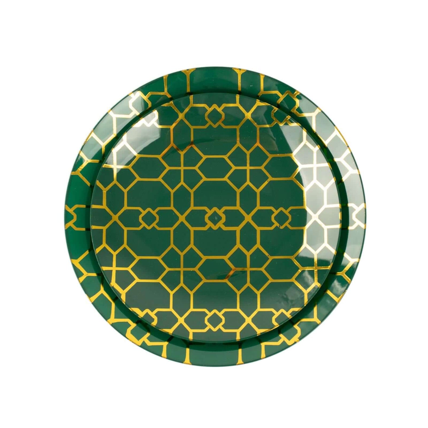 20-Pack Set Plastic Round Dinner and Salad Plates in Hunter Emerald Green with Geometric Gold Print - Modern Disposable Dinnerware Set for Weddings & Celebrations 9", 7"