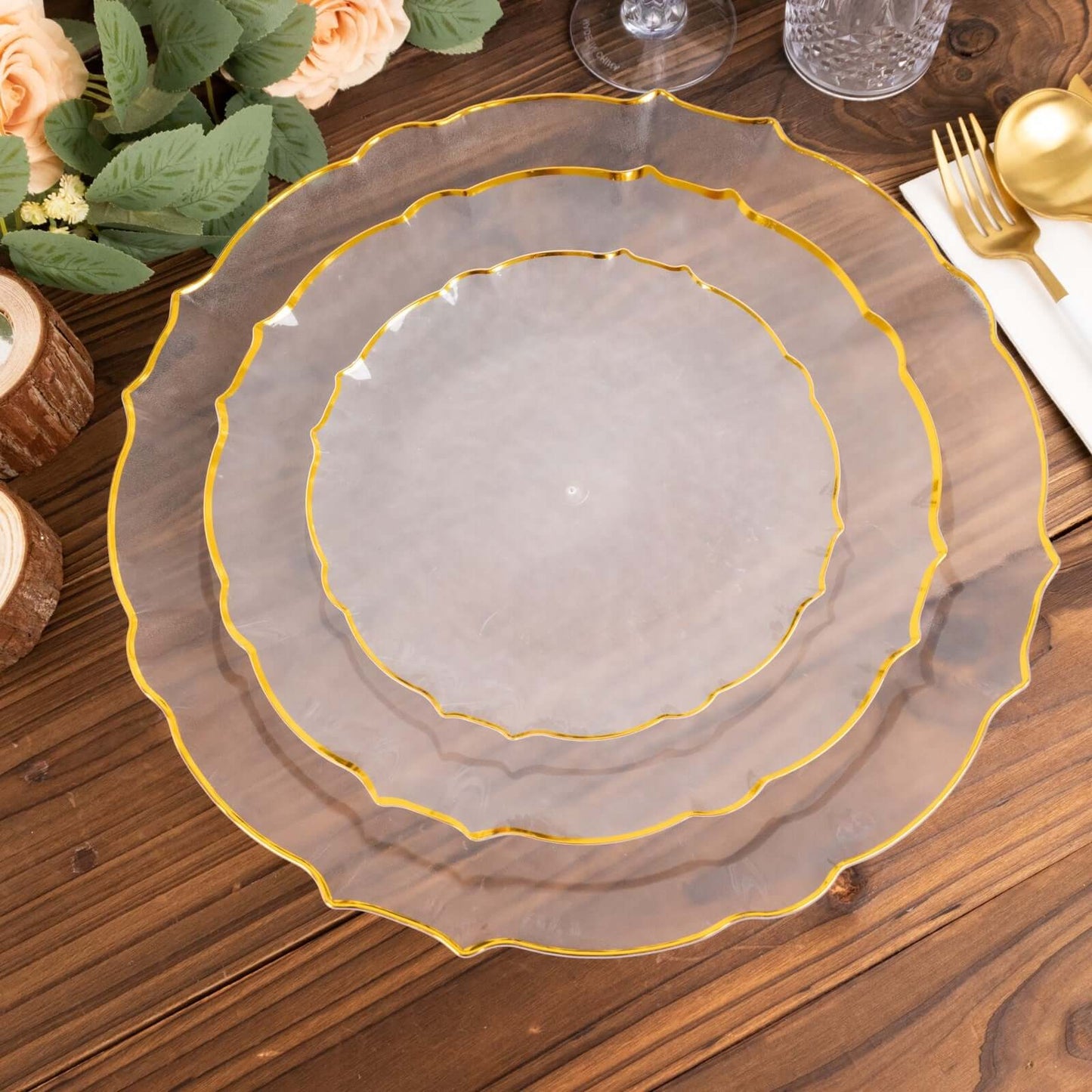 20 Pack Economy Plastic Round Charger Plates 13" in Clear Sunflower Design with Gold Scalloped Rim - Table Setting Plates