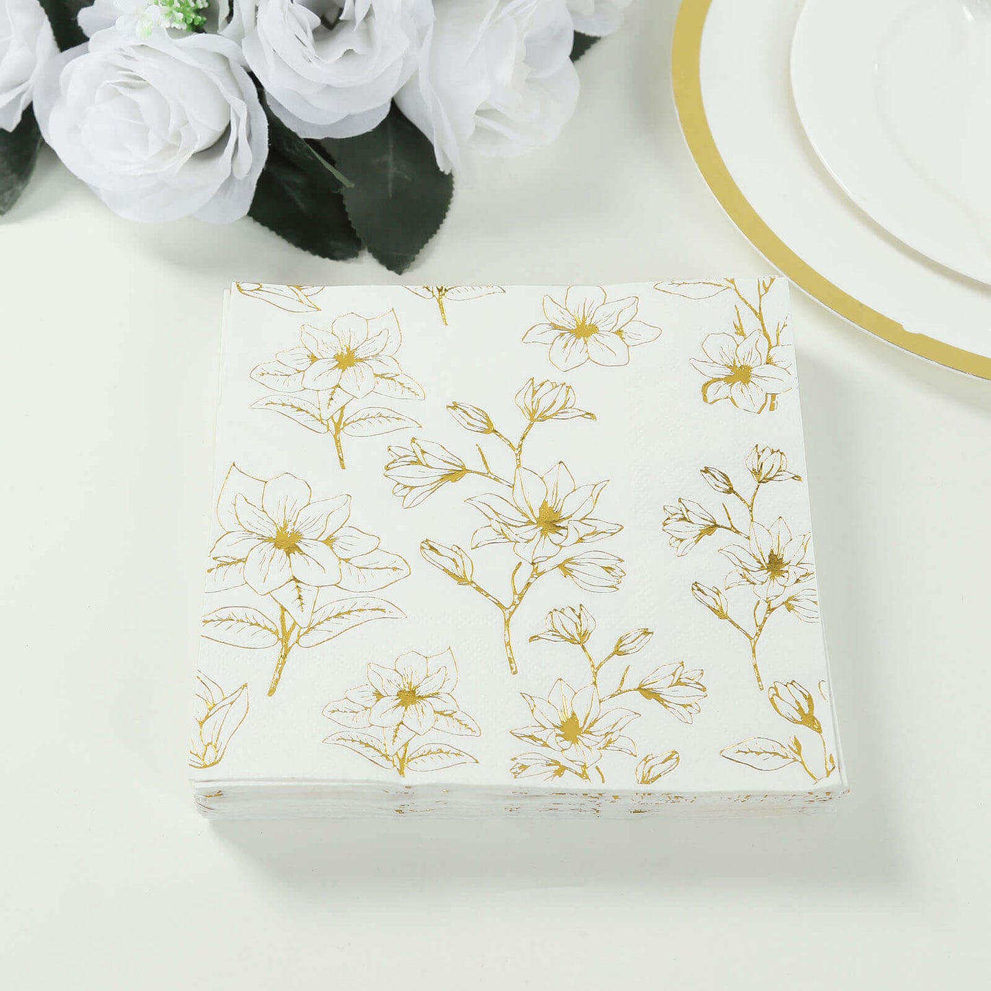 50-Pack Paper Cocktail Napkins with Gold Magnolia Flowers Print White - Highly 2 Ply Absorbent Soft Napkins for Beverages