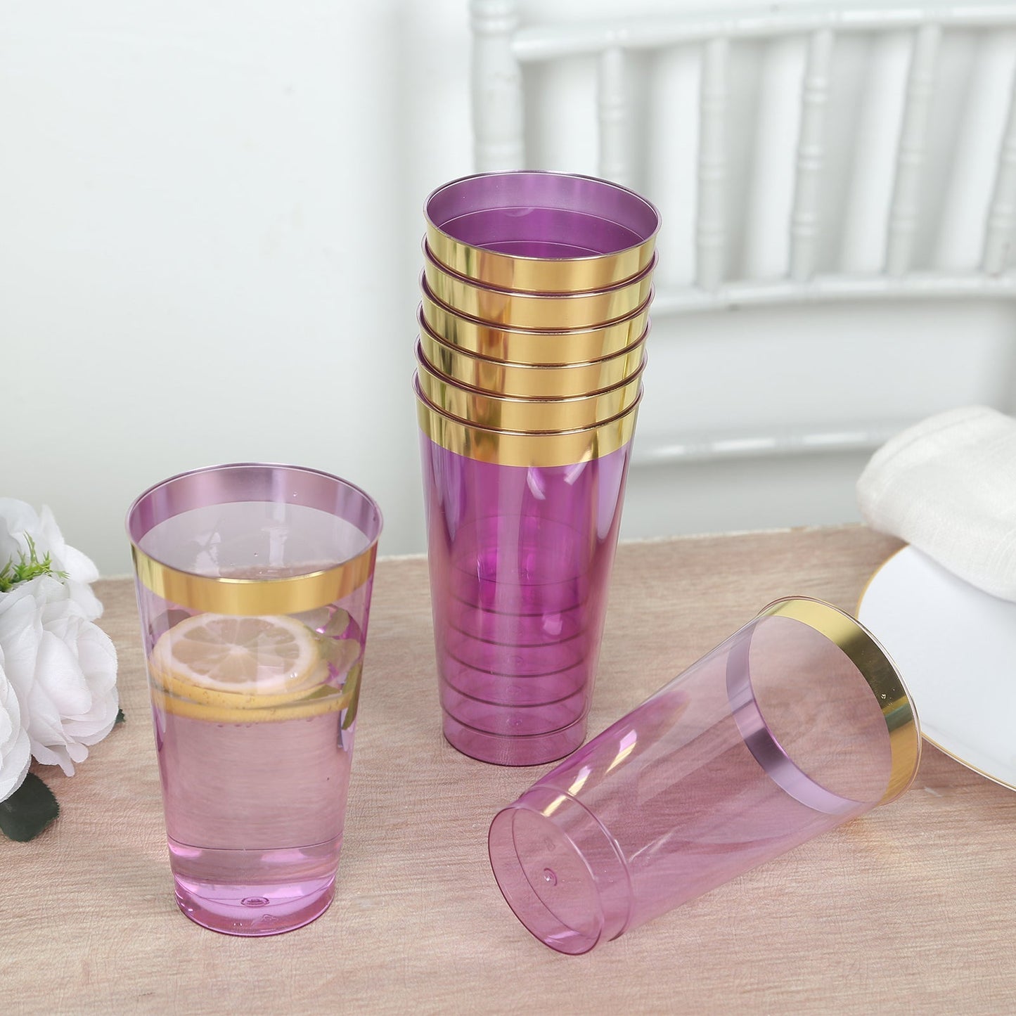 12-Pack Plastic Party Cups Transparent Purple with Gold Rim - Durable Disposable Tumblers for Drinks 17oz 5.5"