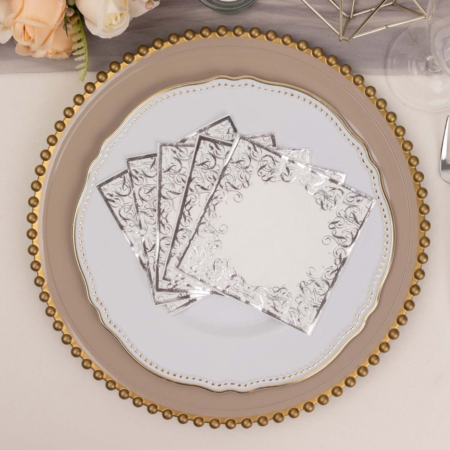 20-Pack Paper Beverage Napkins with Silver Foil Lace Design White - 3 Ply Disposable 18GSM European Style Cocktail Napkins 5"x5"