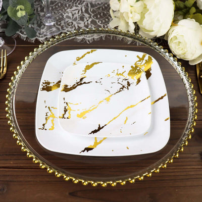 10-Pack Plastic 8" Square Dessert Plates in White with Gold Marble Design - Disposable Appetizer Salad Party Plates for Weddings, Banquets & Special Events