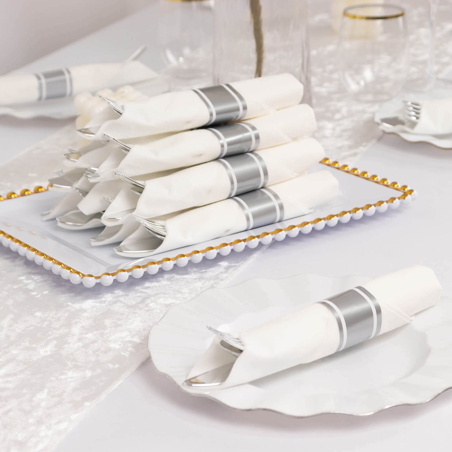 Set of 24 Silver Plastic Silverware with Pre-Rolled White Paper Napkins - Disposable Wrapped Fork, Spoon, and Knife Set