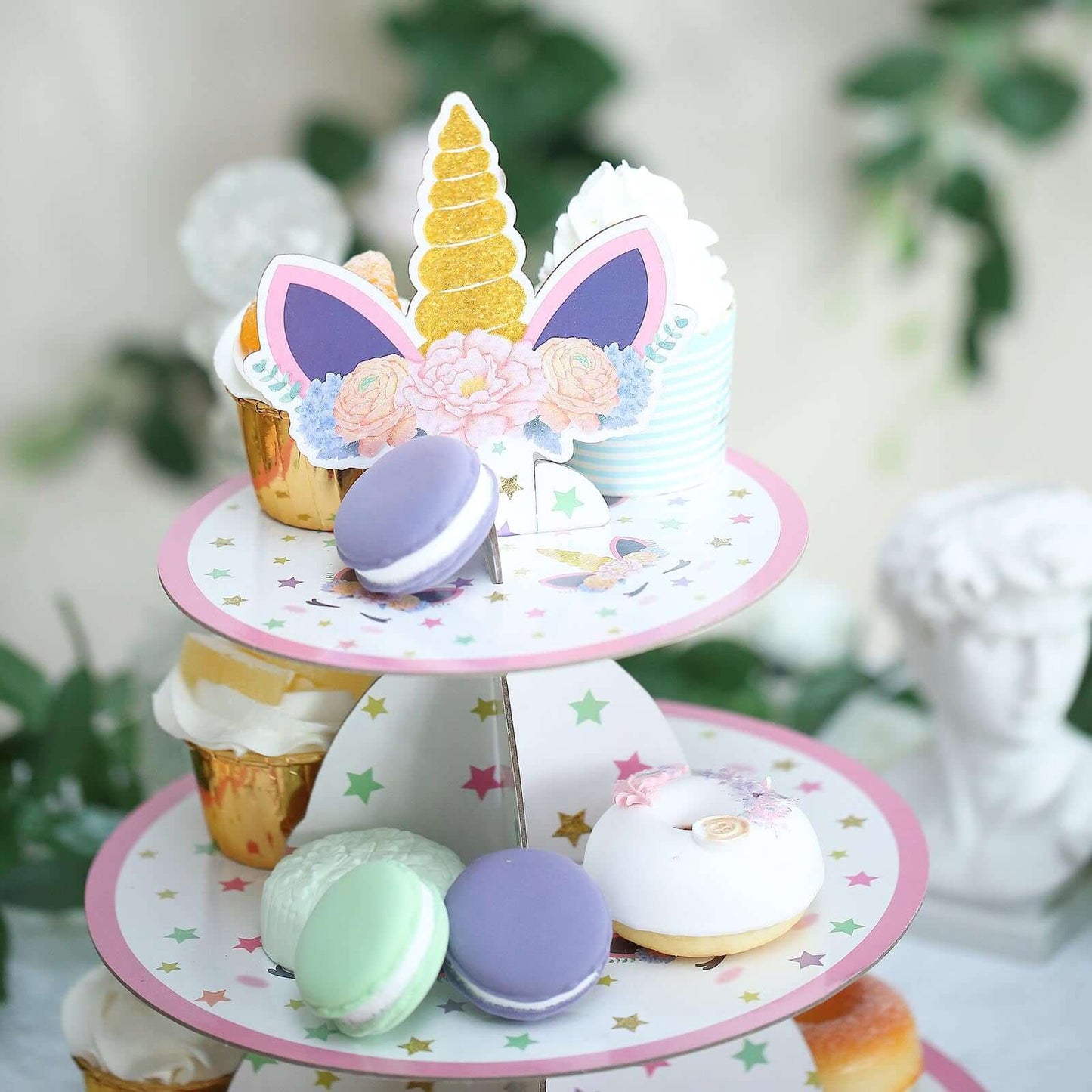 3-Tier Cardboard Cupcake Dessert Stand - Stable Treat Tower Display Holder for Unicorn Themed Girls Birthday Baby Shower Party Decor 15"