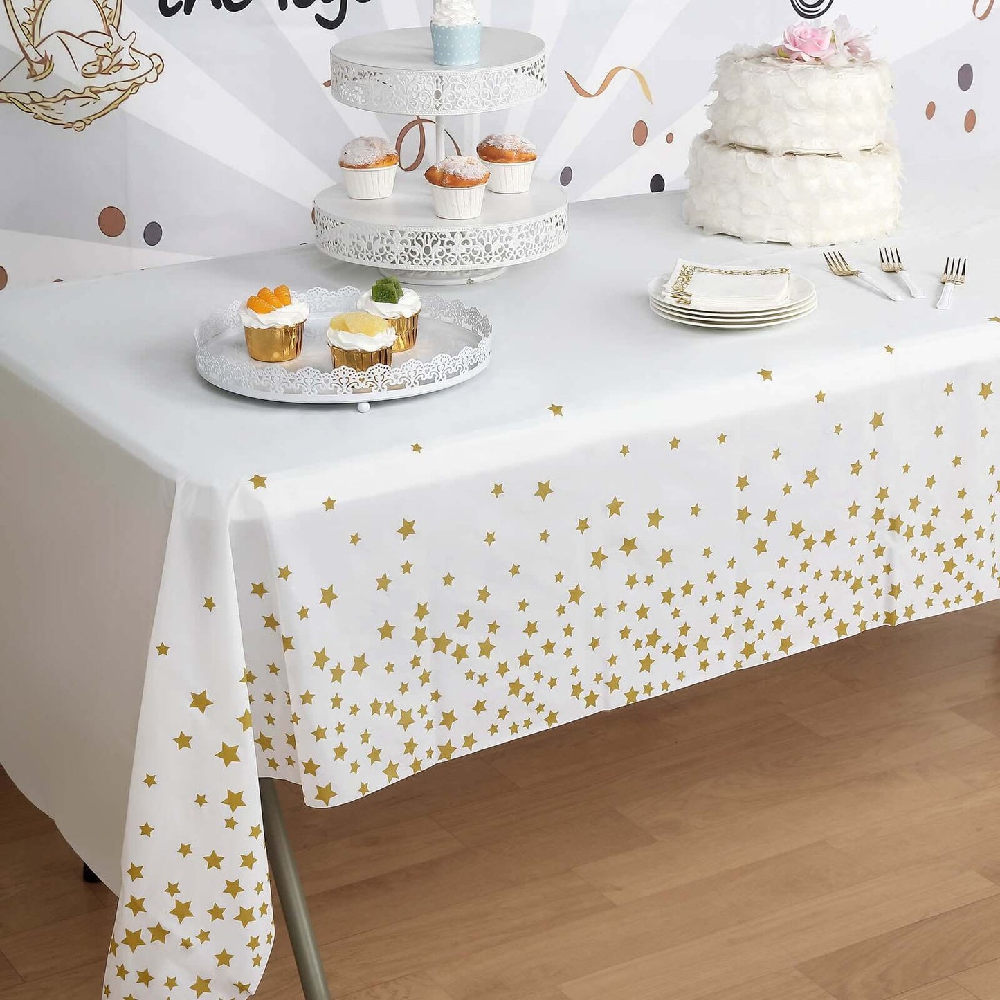 5-Pack Plastic Table Covers White Rectangle with Gold Stars - Decorative PVC Disposable Tablecloths 54"x108"