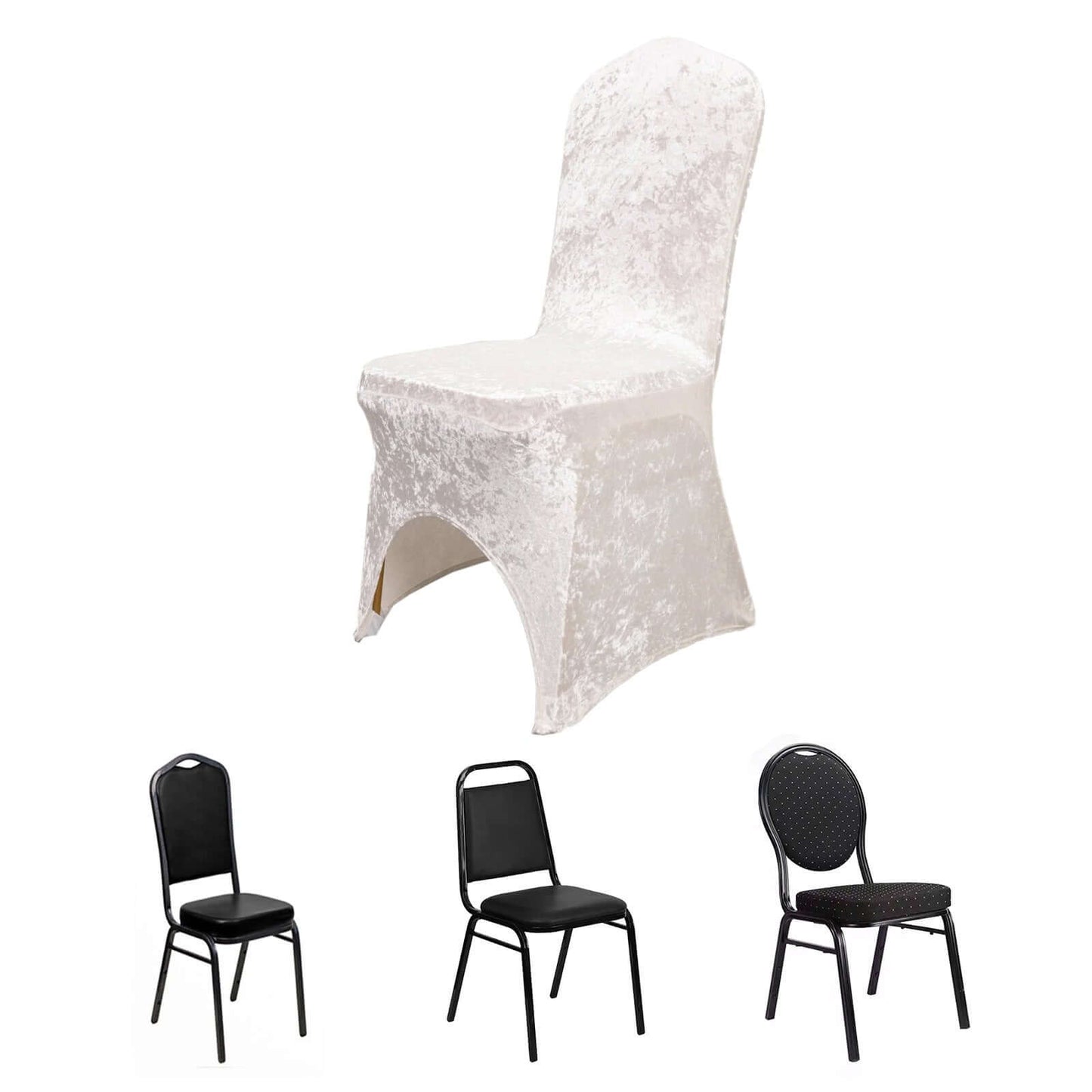 Crushed Velvet Spandex Banquet Chair Cover Fitted Slipcover White - Stretch 190GSM Slipcover with Foot Pockets for Weddings & Events