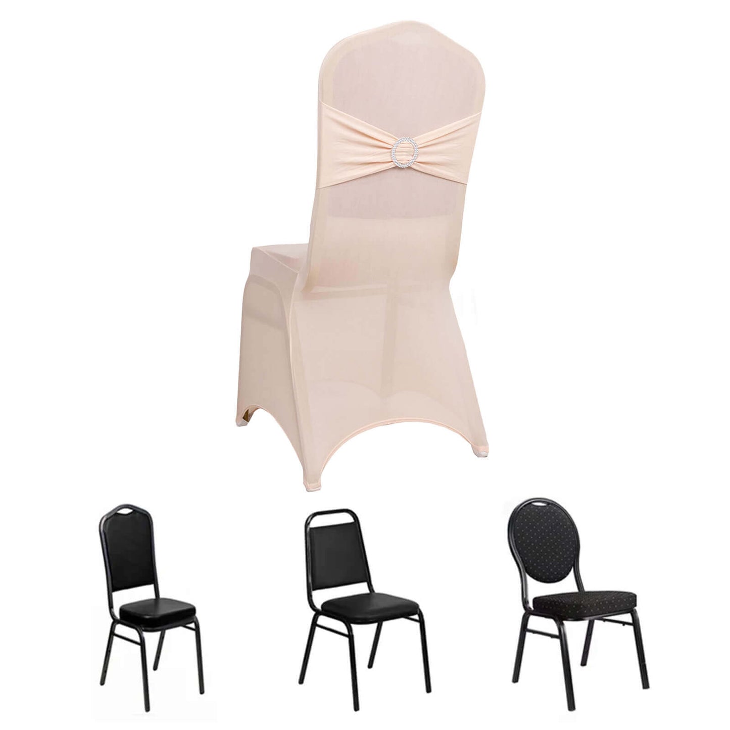 Spandex Chair Cover with Silver Rhinestone Buckled Sash Band Blush - Stretch Fitted Slipcover