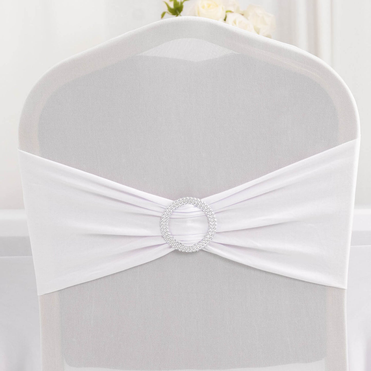 Spandex Chair Cover with Silver Rhinestone Buckled Sash Band White - Stylish Stretch Fitted Slipcover for Banquets & Events