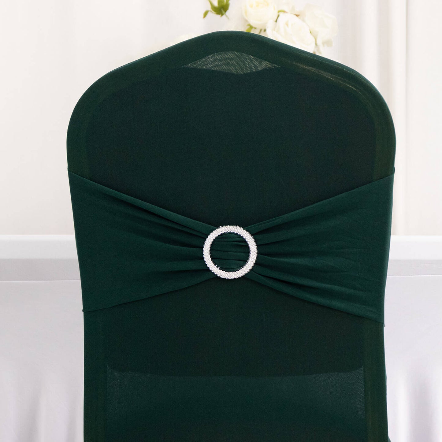 Spandex Chair Cover with Silver Rhinestone Buckled Sash Band Hunter Emerald Green - Stretch Fitted Slipcover