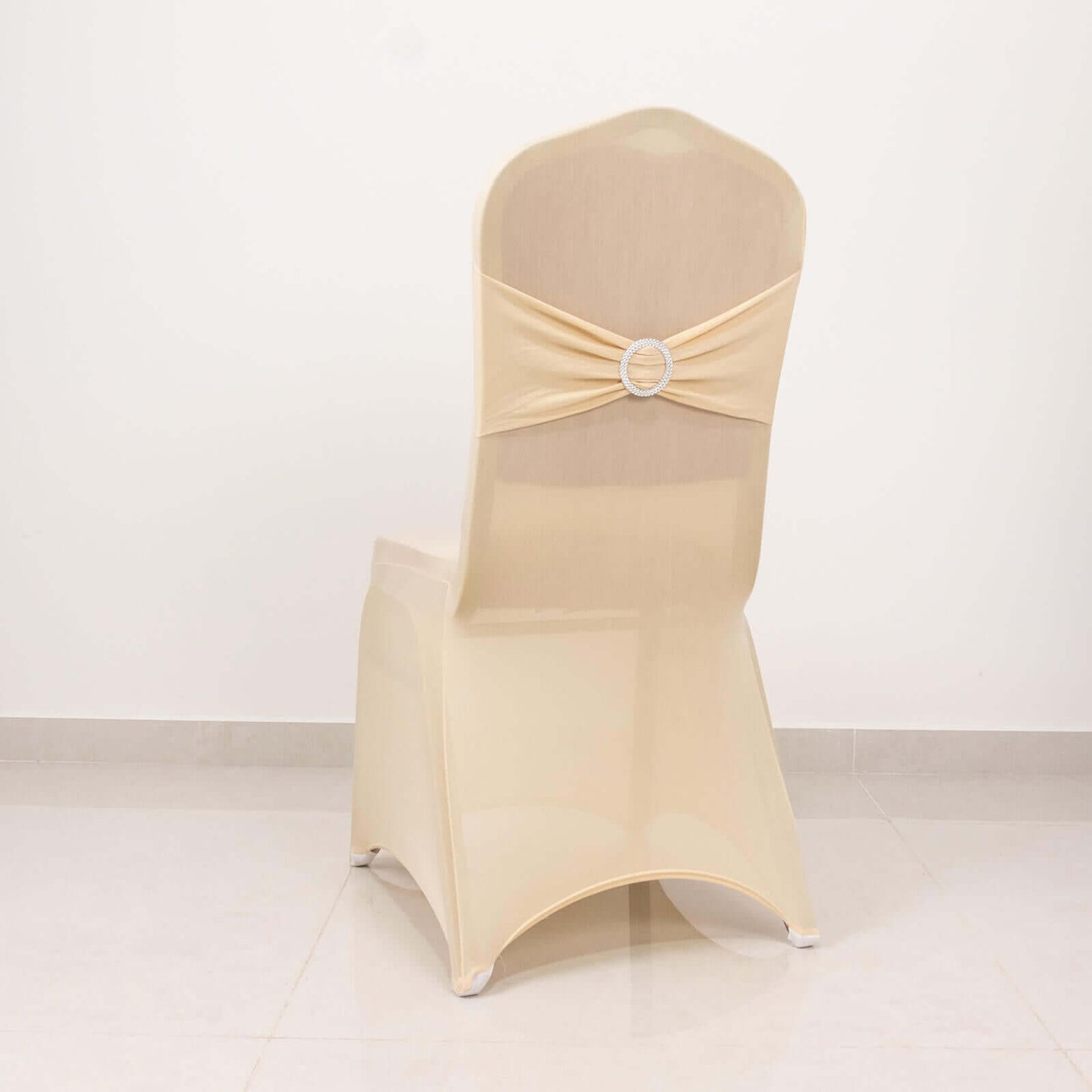 Spandex Chair Cover with Silver Rhinestone Buckled Sash Band Beige - Stretch Fitted Slipcover