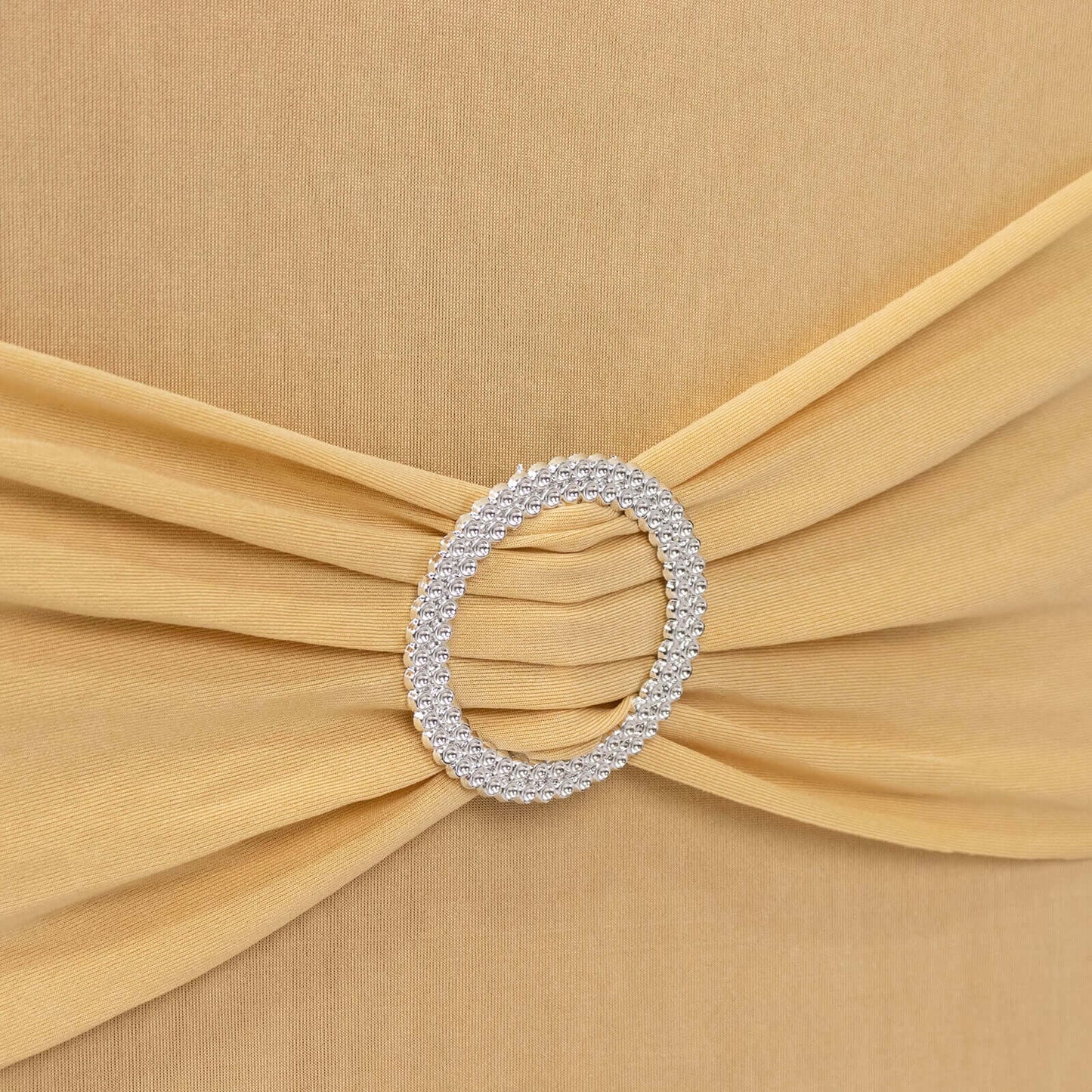 Spandex Chair Cover with Silver Rhinestone Buckled Sash Band Champagne - Stretch Fitted Slipcover