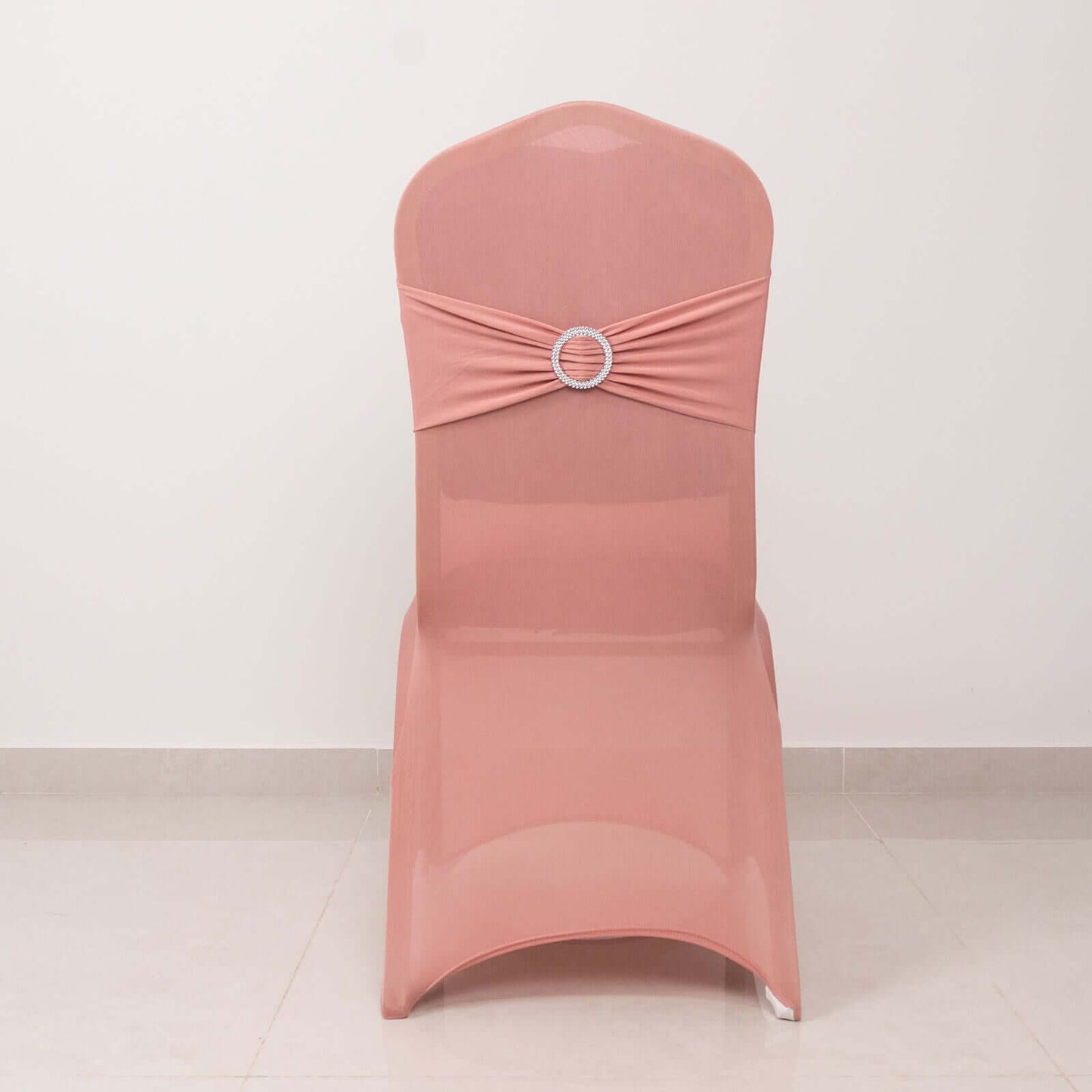 Spandex Chair Cover with Silver Rhinestone Buckled Sash Band Dusty Rose - Stretch Fitted Slipcover