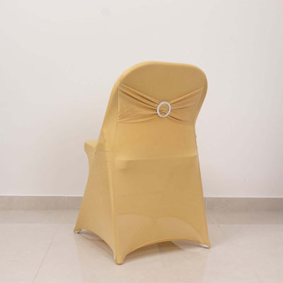 Stretch Spandex Chair Cover Champagne for Folding Chairs - Secure Fit Slipcover with Silver Rhinestone Buckled Sash Band