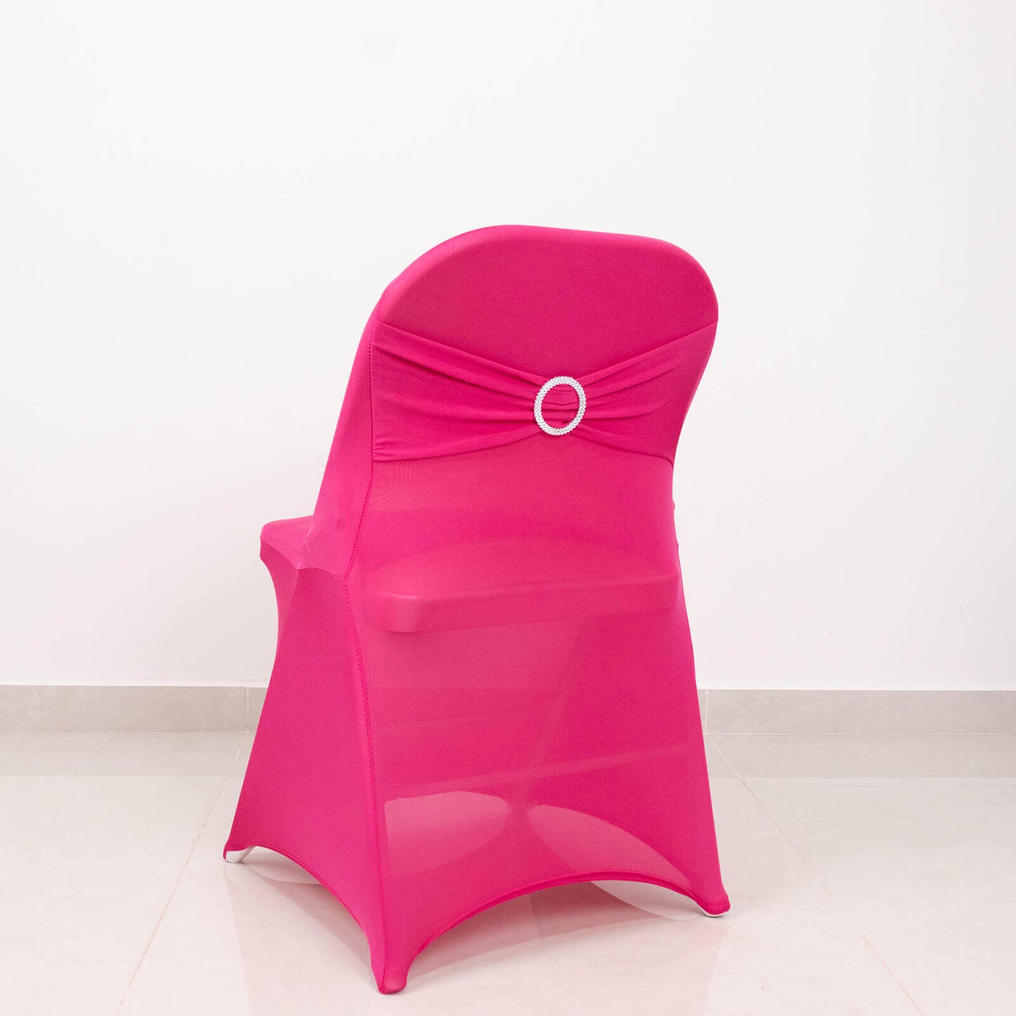 Stretch Spandex Chair Cover Fuchsia for Folding Chairs - Secure Fit Slipcover with Silver Rhinestone Buckled Sash Band