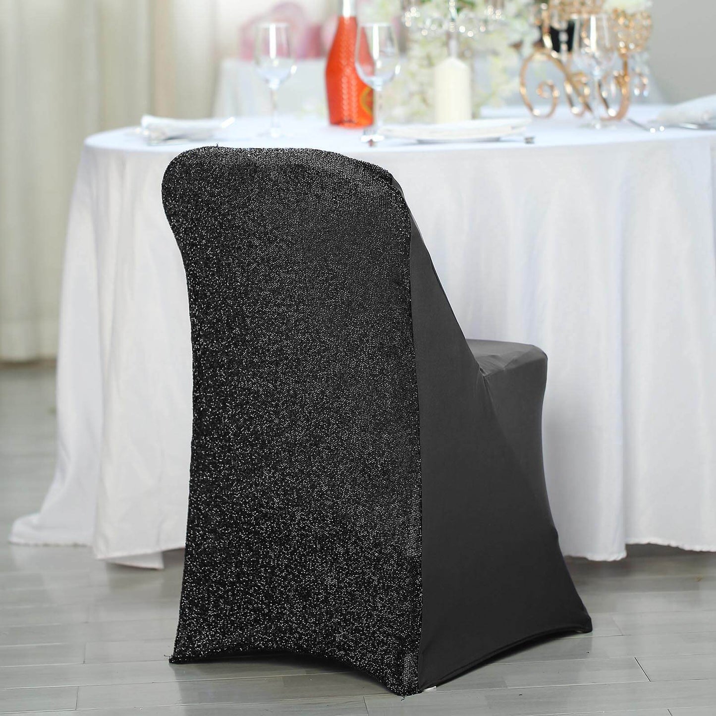 Stretch Spandex Chair Cover Black for Folding Chairs - Metallic Shimmer Tinsel Back Design Fitted Slipcover