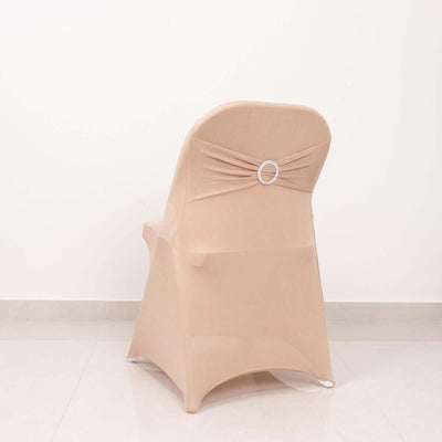 Stretch Spandex Chair Cover Nude for Folding Chairs - Secure Fit Slipcover with Silver Rhinestone Buckled Sash Band