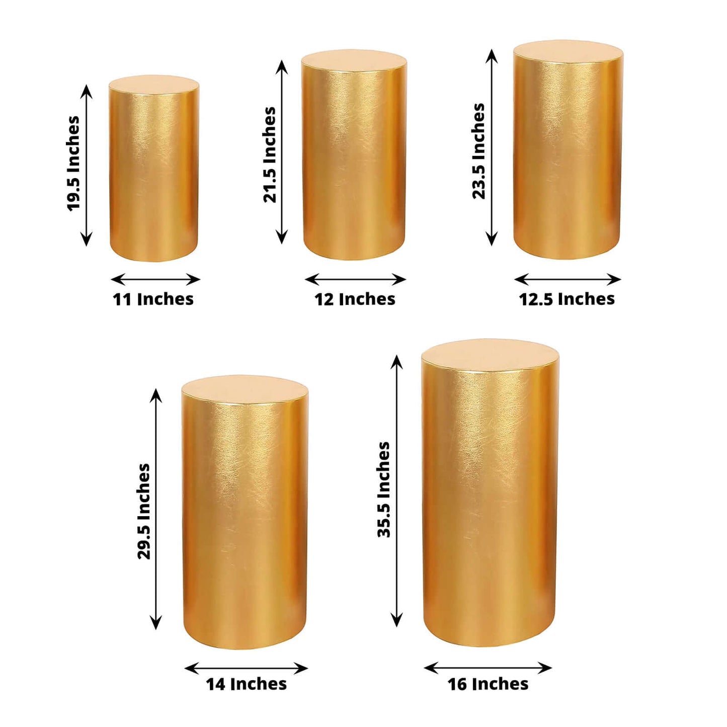 Set of 5 Metallic Gold Spandex Cylinder Pedestal Stand Covers, Shiny Stretchable Pillar Prop Covers - 130 GSM