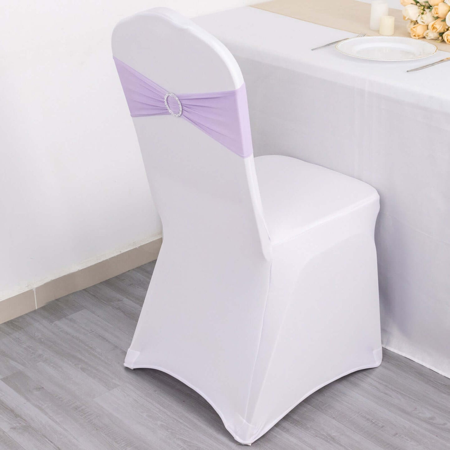 5 Pack Stretch Spandex Chair Sashes Lavender Lilac - Reusable Chair Bands with Silver Diamond Ring Slide Buckle 5"x14"