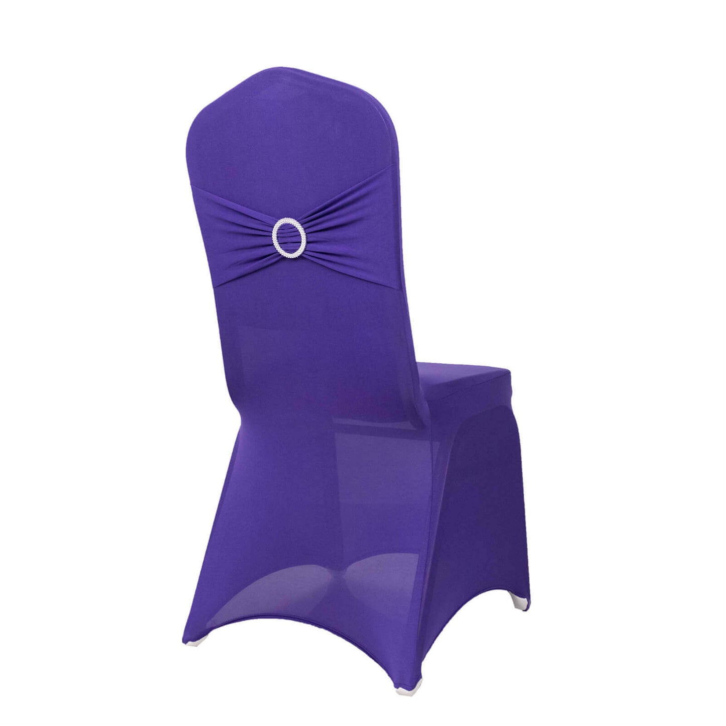 Spandex Chair Cover with Silver Rhinestone Buckled Sash Band Purple - Stretch Fitted Slipcover