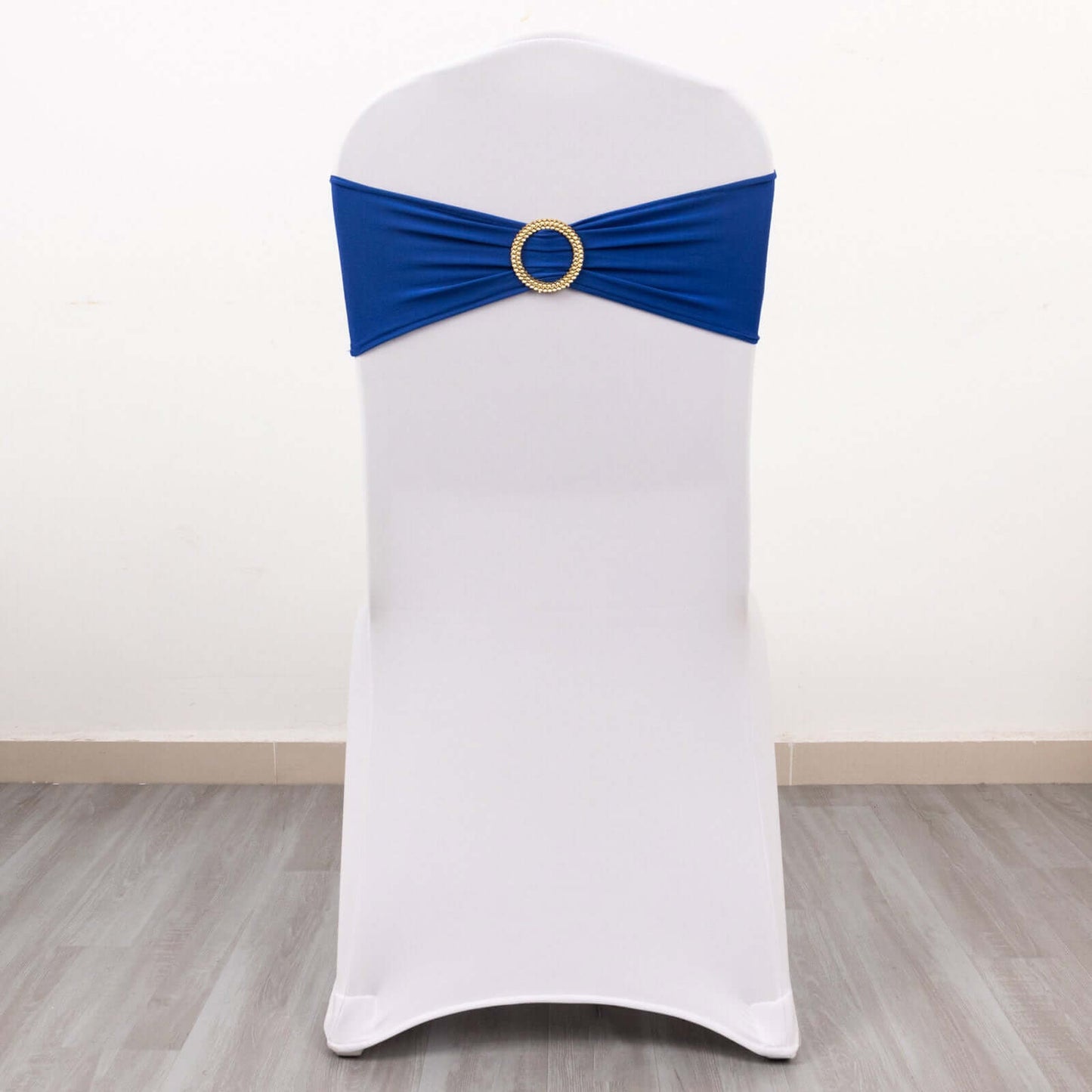5 Pack Spandex Chair Sashes Royal Blue with Gold Rhinestone Buckles - Reusable Four-Way Stretch Sash Bands 5"x14"