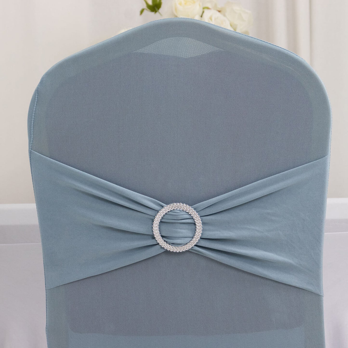 Spandex Chair Cover with Silver Rhinestone Buckled Sash Band Dusty Blue - Stretch Fitted Slipcover