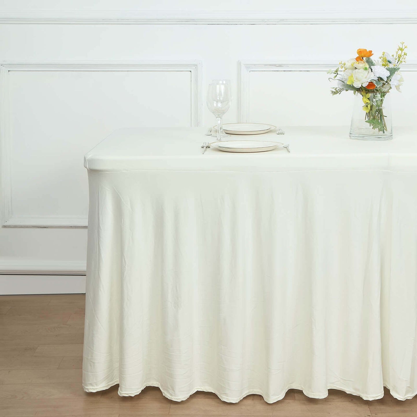 Spandex Rectangle 72"x30" Table Skirt Ivory with Wavy Skirt-Like Effect Table Cover